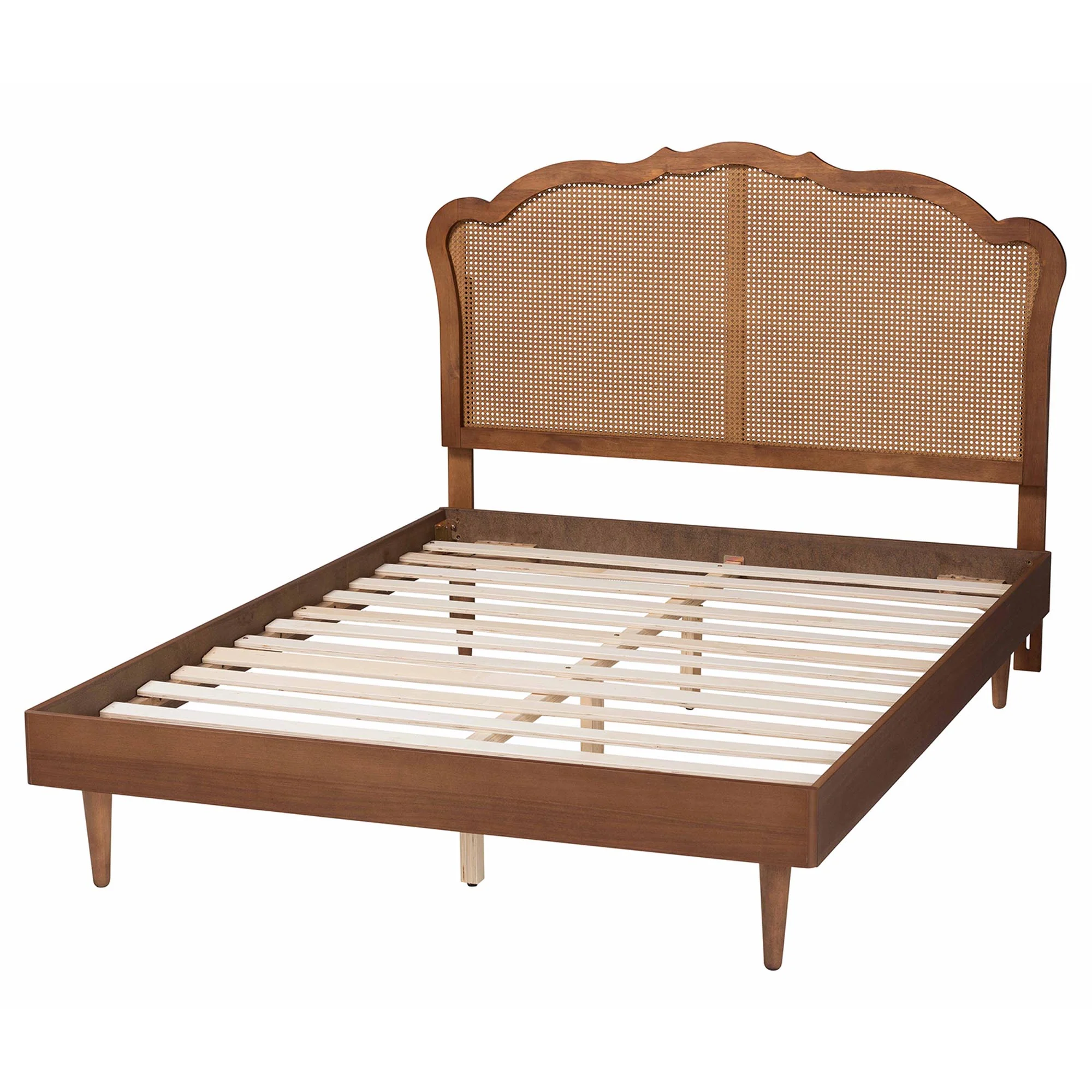 Baxton Studio Camden Mid-Century Walnut Brown Wood and Rattan Queen Size Platform Bed - Image 8