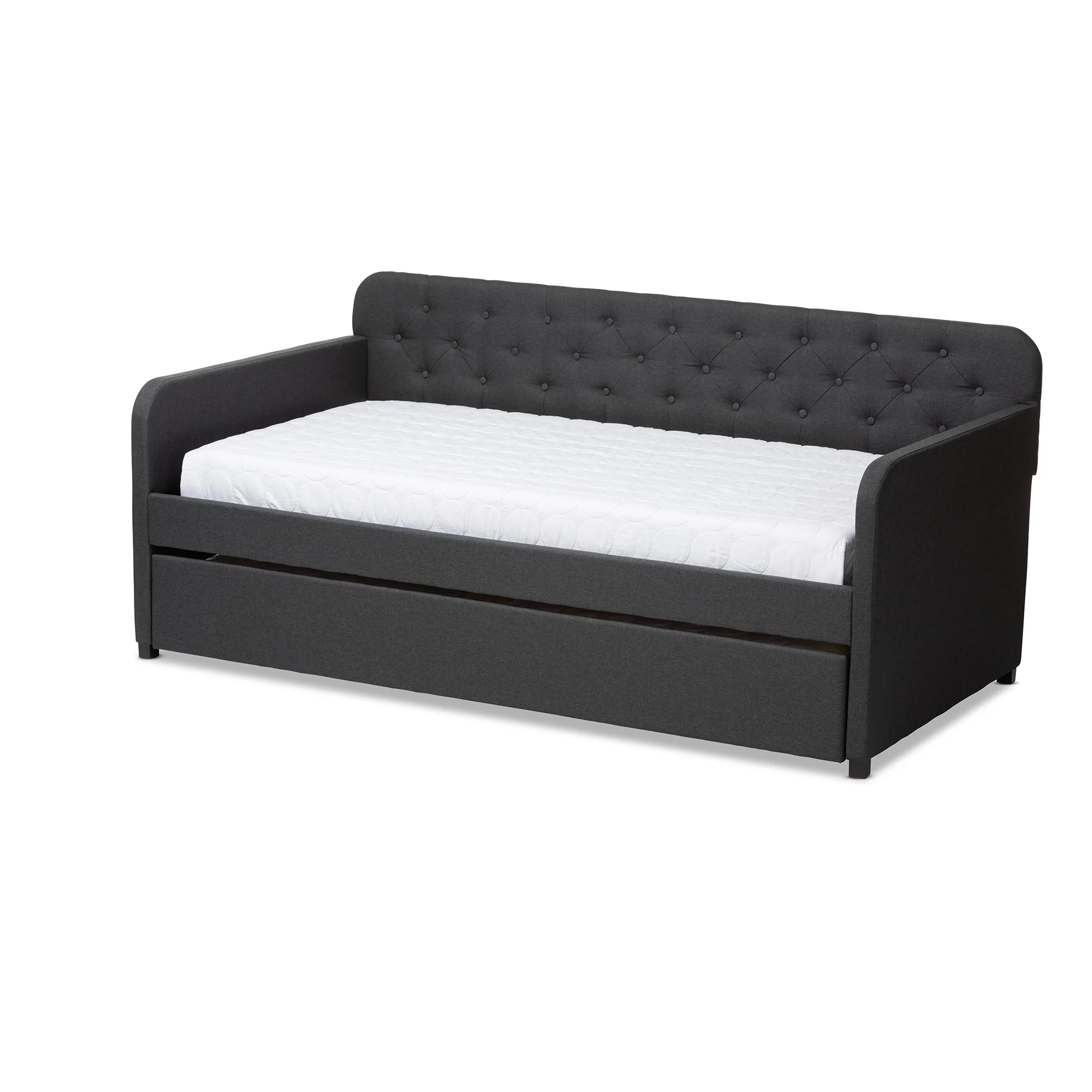 Baxton Studio Camelia Modern and Contemporary Charcoal Grey Fabric Upholstered Button-Tufted Twin Size Sofa Daybed with Roll-Out Trundle Guest Bed - Image 2