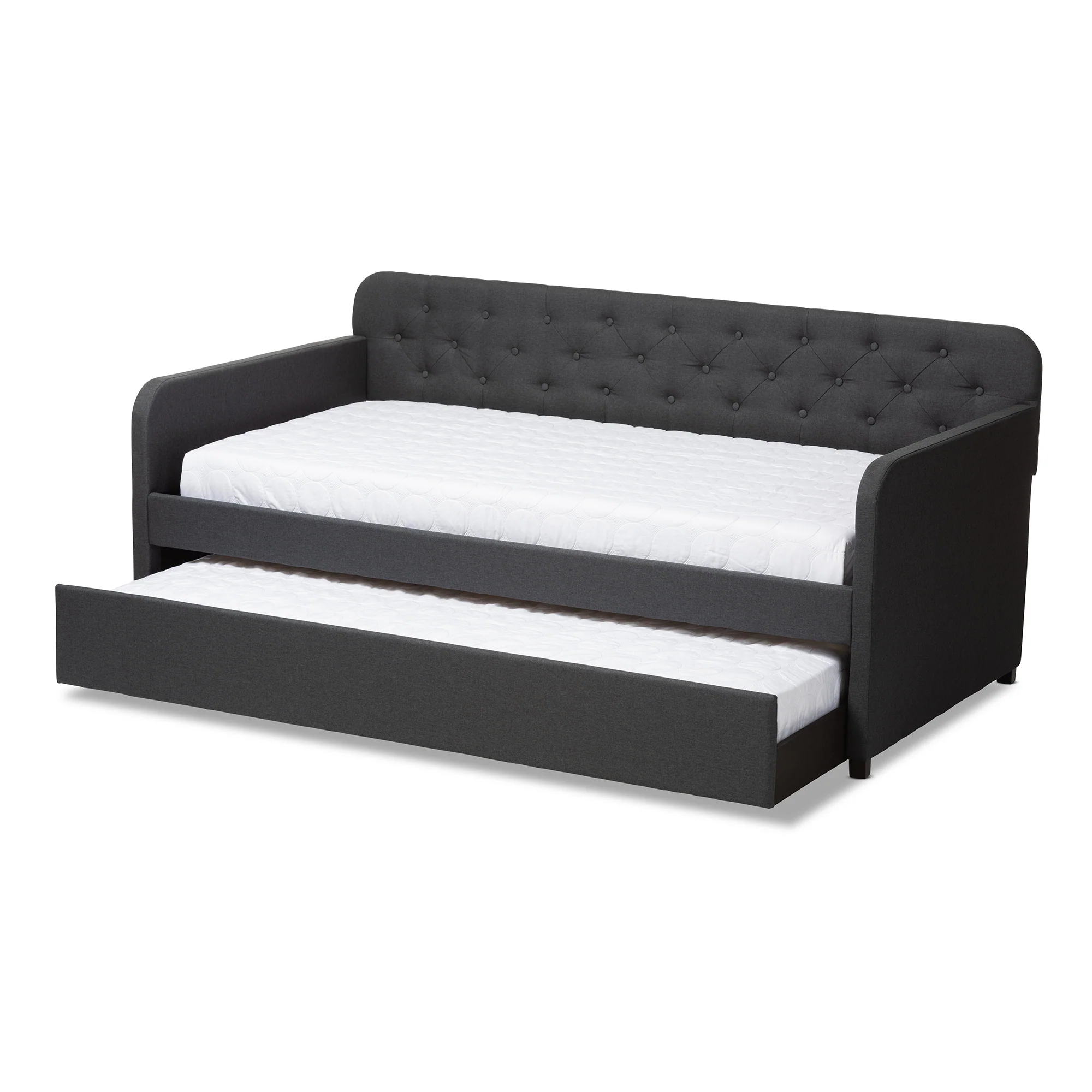 Baxton Studio Camelia Modern and Contemporary Charcoal Grey Fabric Upholstered Button-Tufted Twin Size Sofa Daybed with Roll-Out Trundle Guest Bed - Image 3