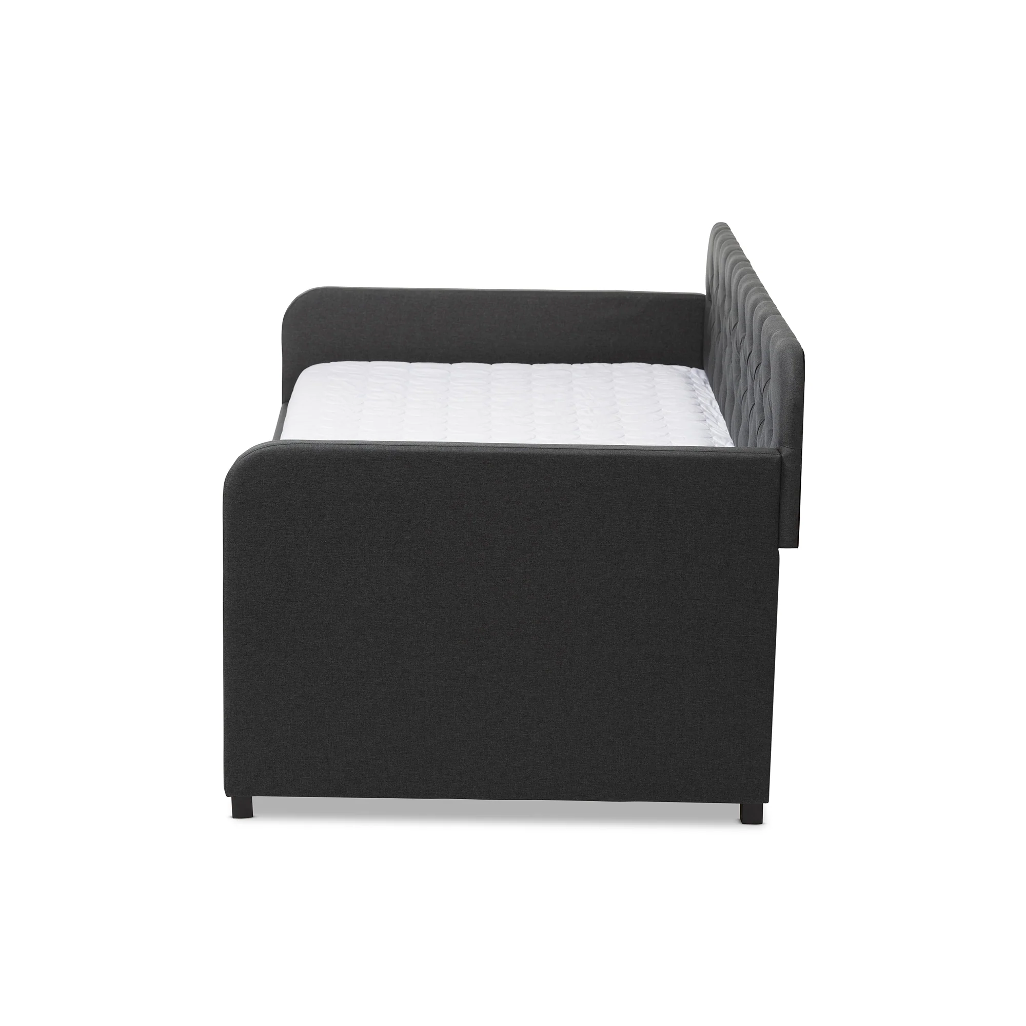 Baxton Studio Camelia Modern and Contemporary Charcoal Grey Fabric Upholstered Button-Tufted Twin Size Sofa Daybed with Roll-Out Trundle Guest Bed - Image 4