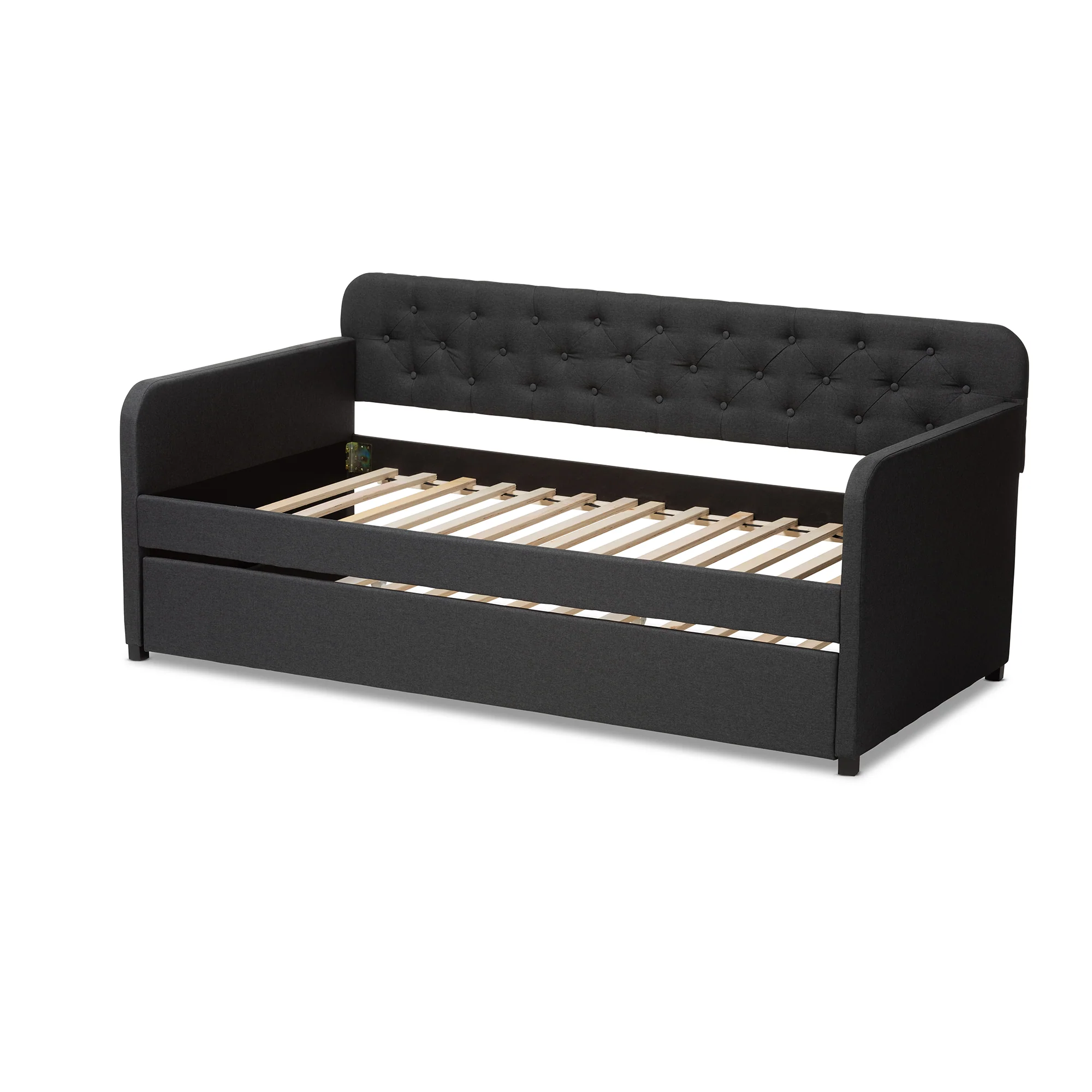 Baxton Studio Camelia Modern and Contemporary Charcoal Grey Fabric Upholstered Button-Tufted Twin Size Sofa Daybed with Roll-Out Trundle Guest Bed - Image 5