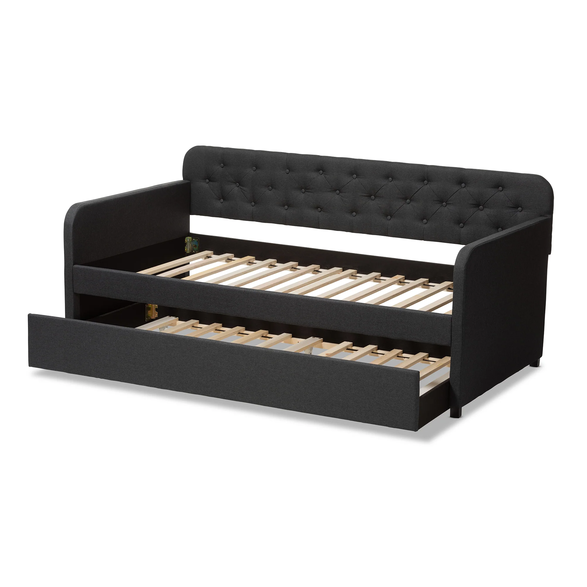 Baxton Studio Camelia Modern and Contemporary Charcoal Grey Fabric Upholstered Button-Tufted Twin Size Sofa Daybed with Roll-Out Trundle Guest Bed - Image 6