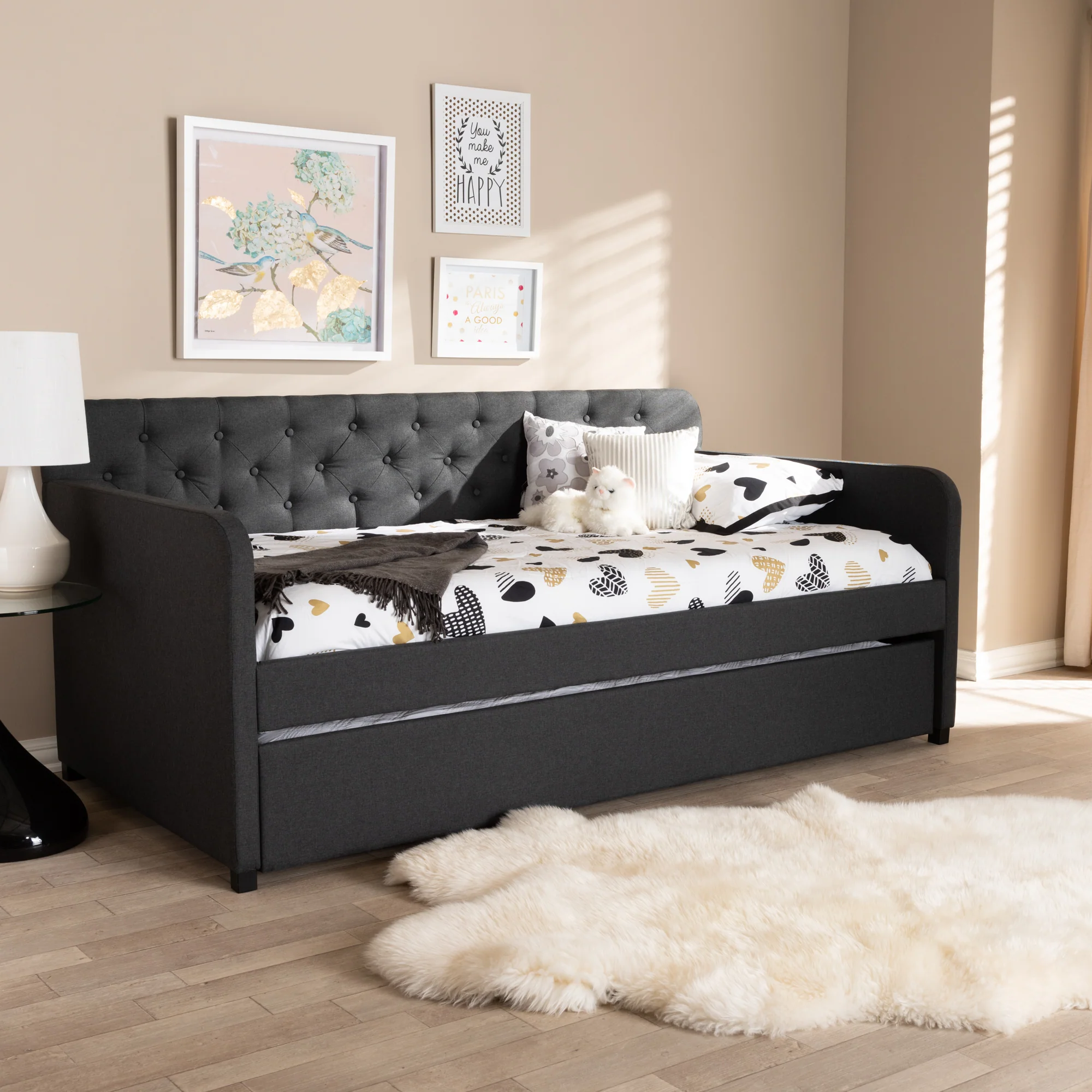 Baxton Studio Camelia Modern and Contemporary Charcoal Grey Fabric Upholstered Button-Tufted Twin Size Sofa Daybed with Roll-Out Trundle Guest Bed - Image 8