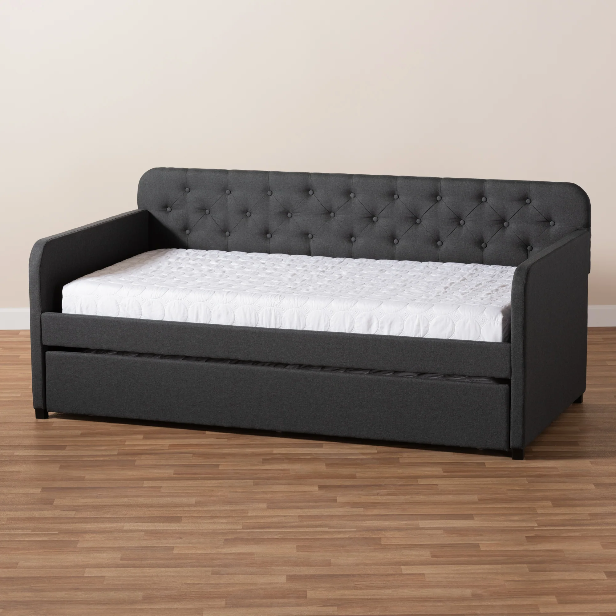 Baxton Studio Camelia Modern and Contemporary Charcoal Grey Fabric Upholstered Button-Tufted Twin Size Sofa Daybed with Roll-Out Trundle Guest Bed - Image 9