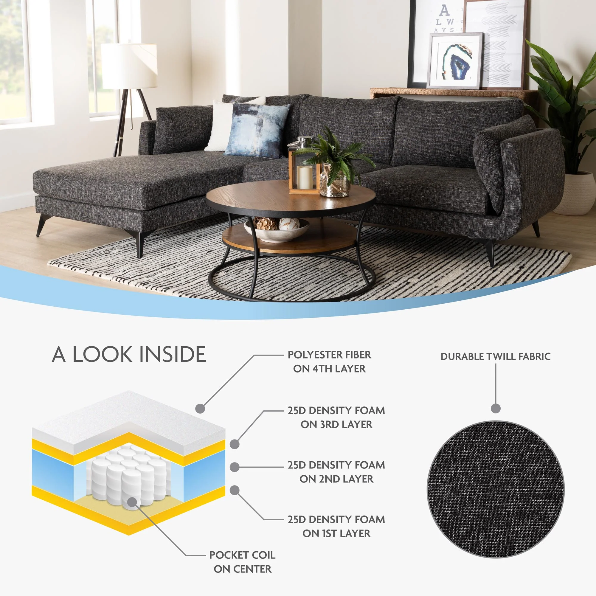 Baxton Studio Cantu Modern Gravel Twill Fabric Left Facing Sectional Sofa - Image 7