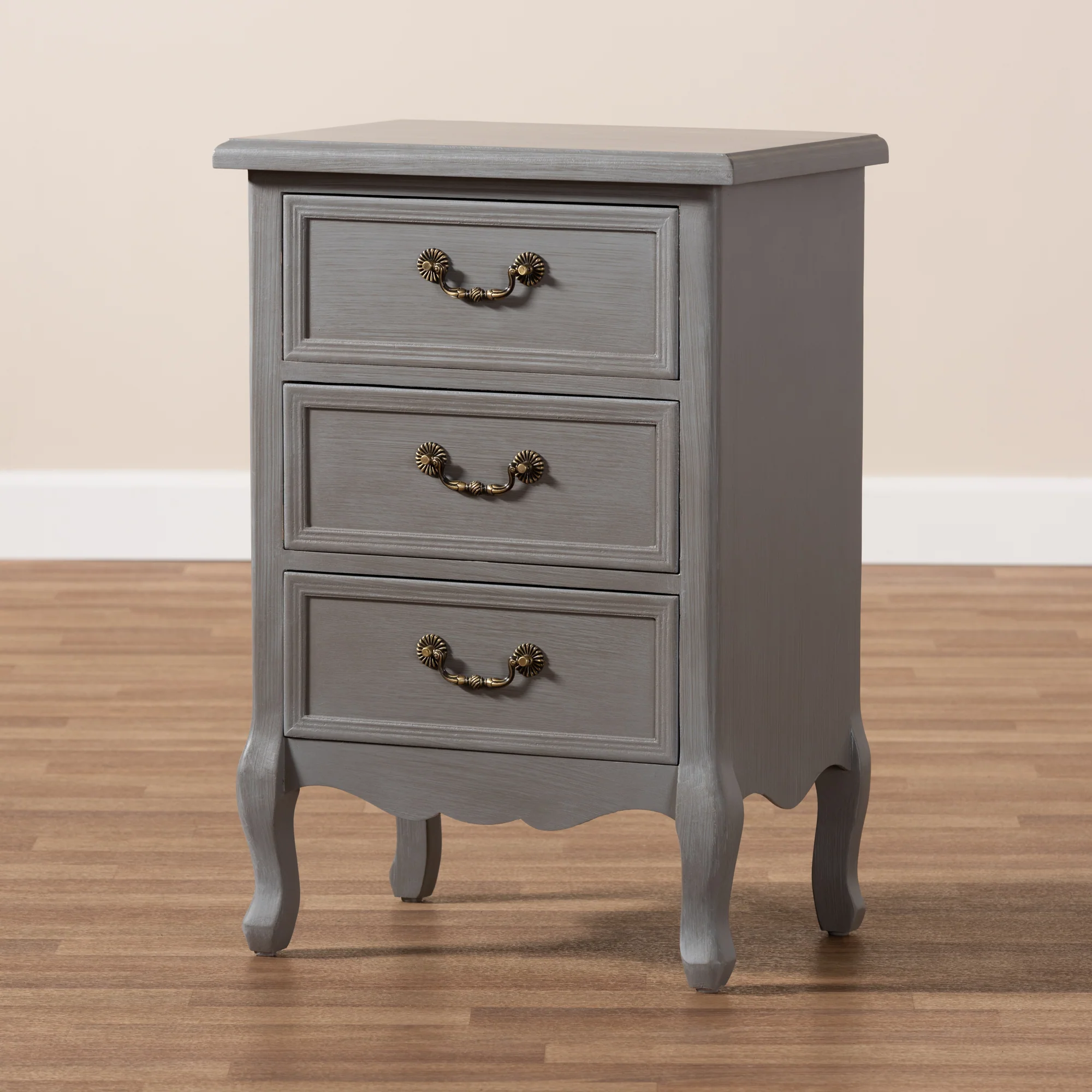 Baxton Studio Capucine Antique French Country Cottage Grey Finished Wood 3-Drawer End Table - Image 2