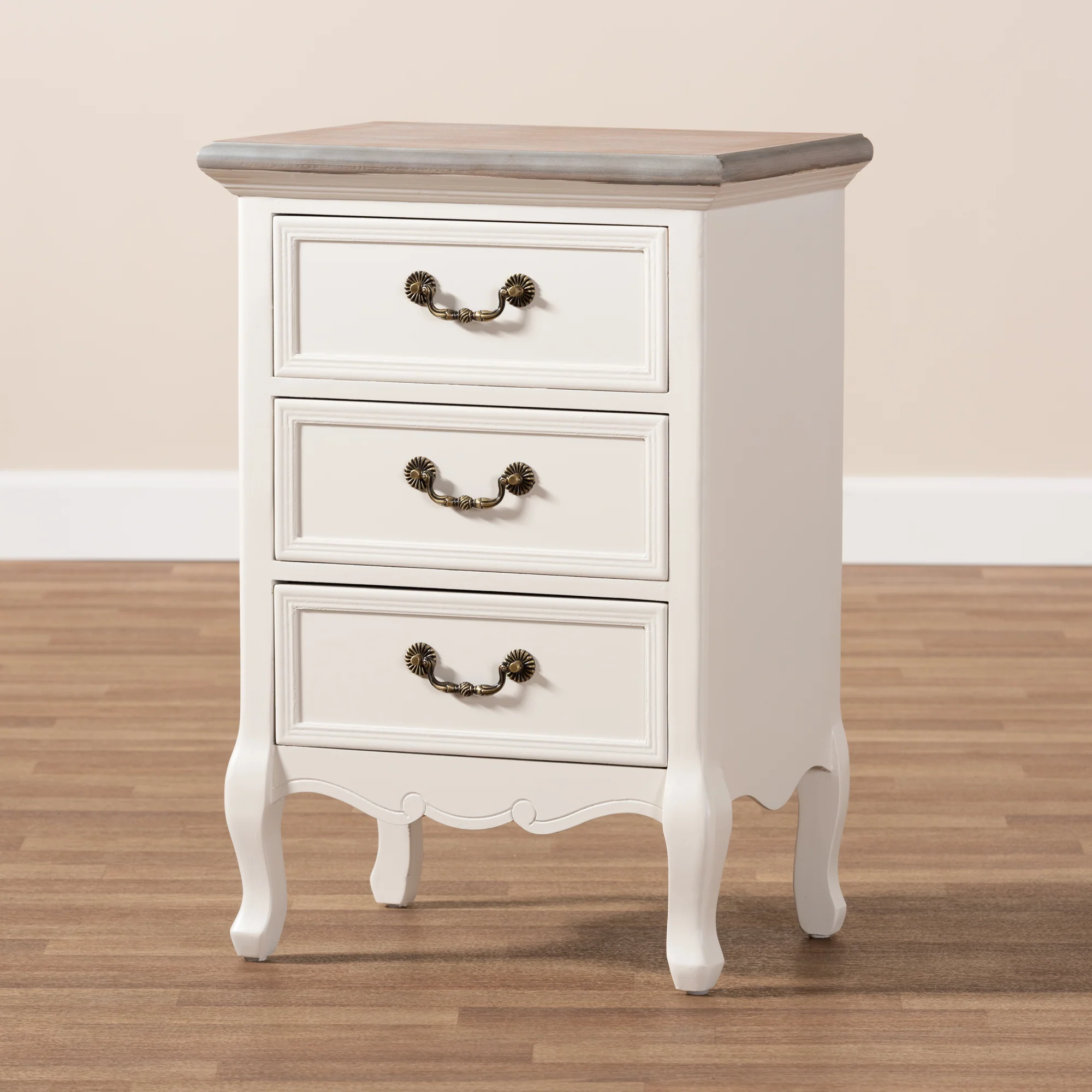 Baxton Studio Capucine Antique French Country Cottage Two Tone Natural Whitewashed Oak and White Finished Wood 3-Drawer End Table - Image 2