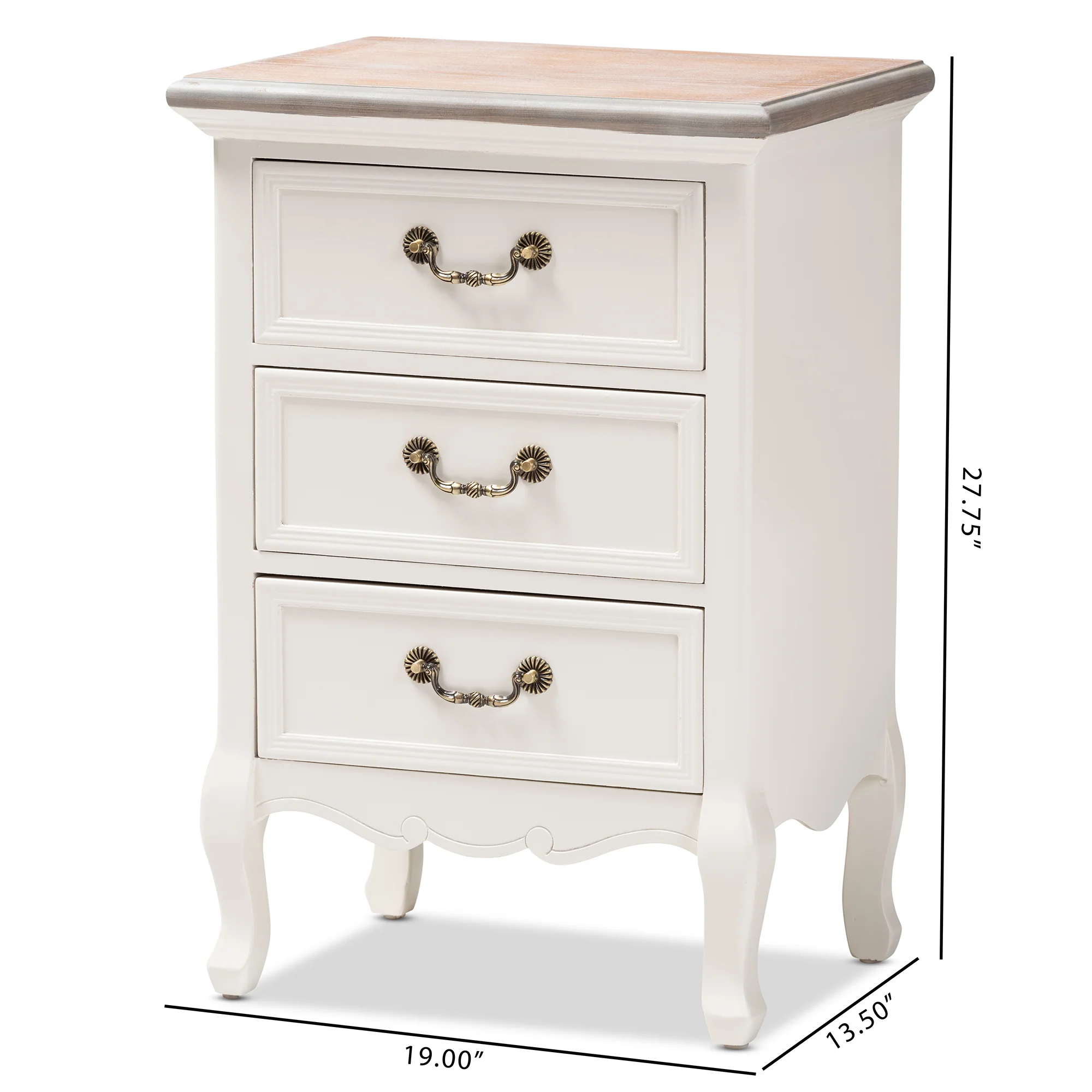 Baxton Studio Capucine Antique French Country Cottage Two Tone Natural Whitewashed Oak and White Finished Wood 3-Drawer End Table - Image 3