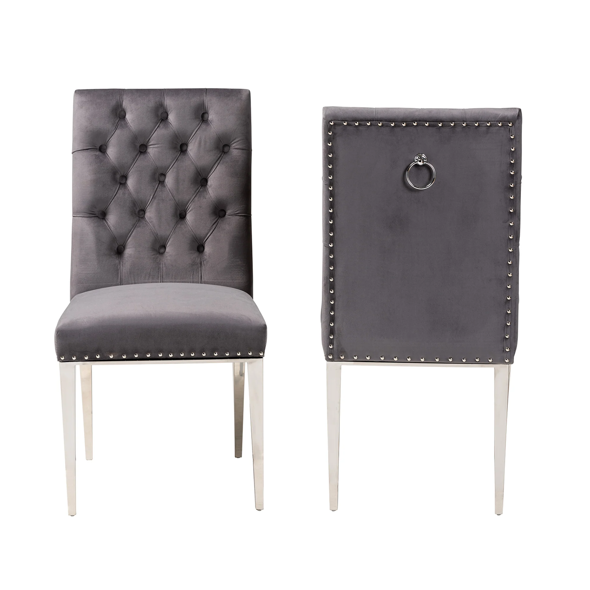 Baxton Studio Caspera Contemporary Glam and Luxe Grey Velvet Fabric and Silver Metal 2-Piece Dining Chair Set - Image 3