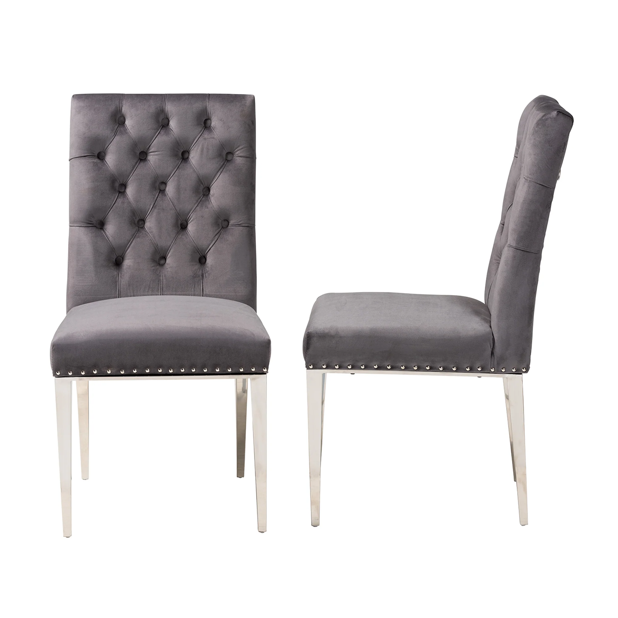 Baxton Studio Caspera Contemporary Glam and Luxe Grey Velvet Fabric and Silver Metal 2-Piece Dining Chair Set - Image 4
