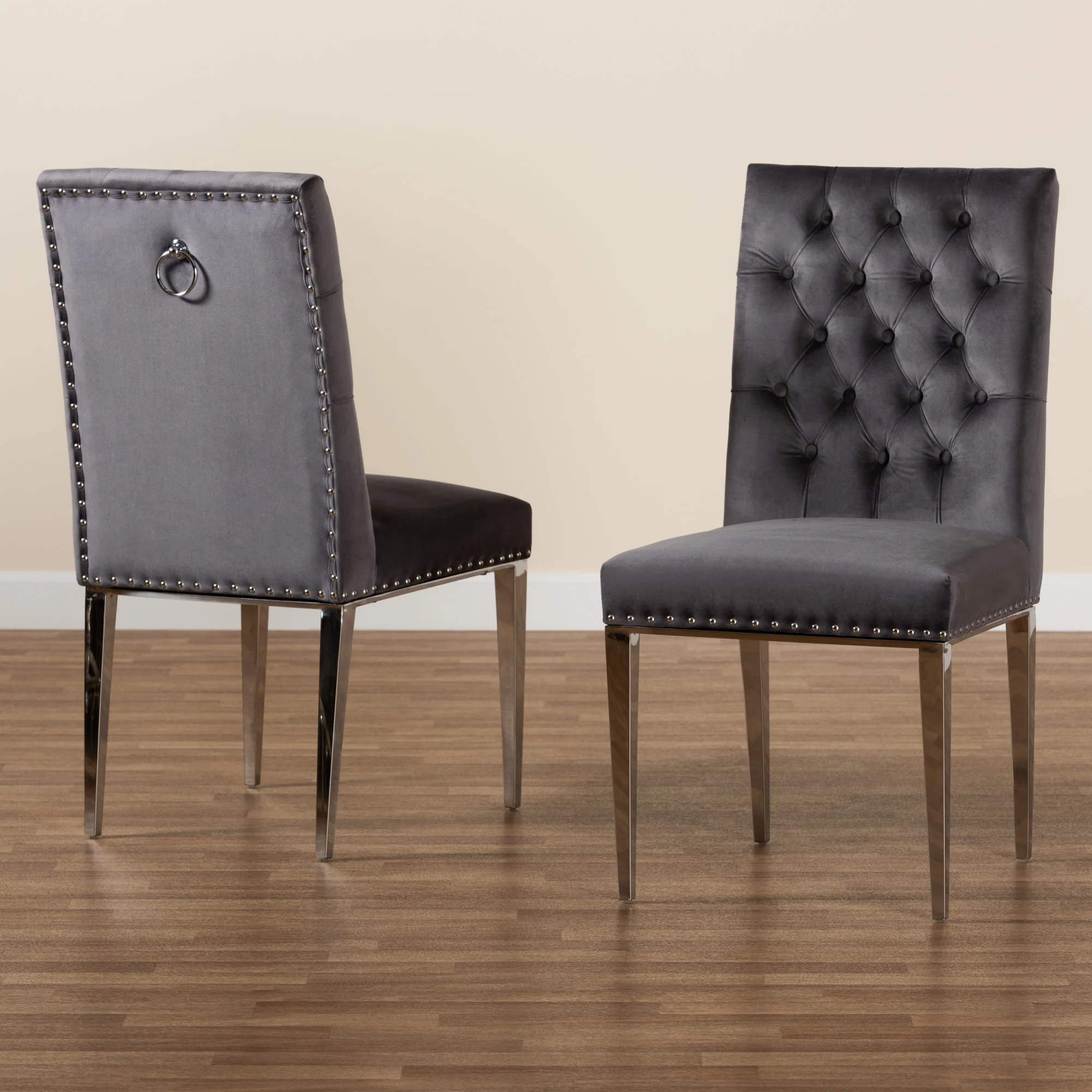 Baxton Studio Caspera Contemporary Glam and Luxe Grey Velvet Fabric and Silver Metal 2-Piece Dining Chair Set - Image 9