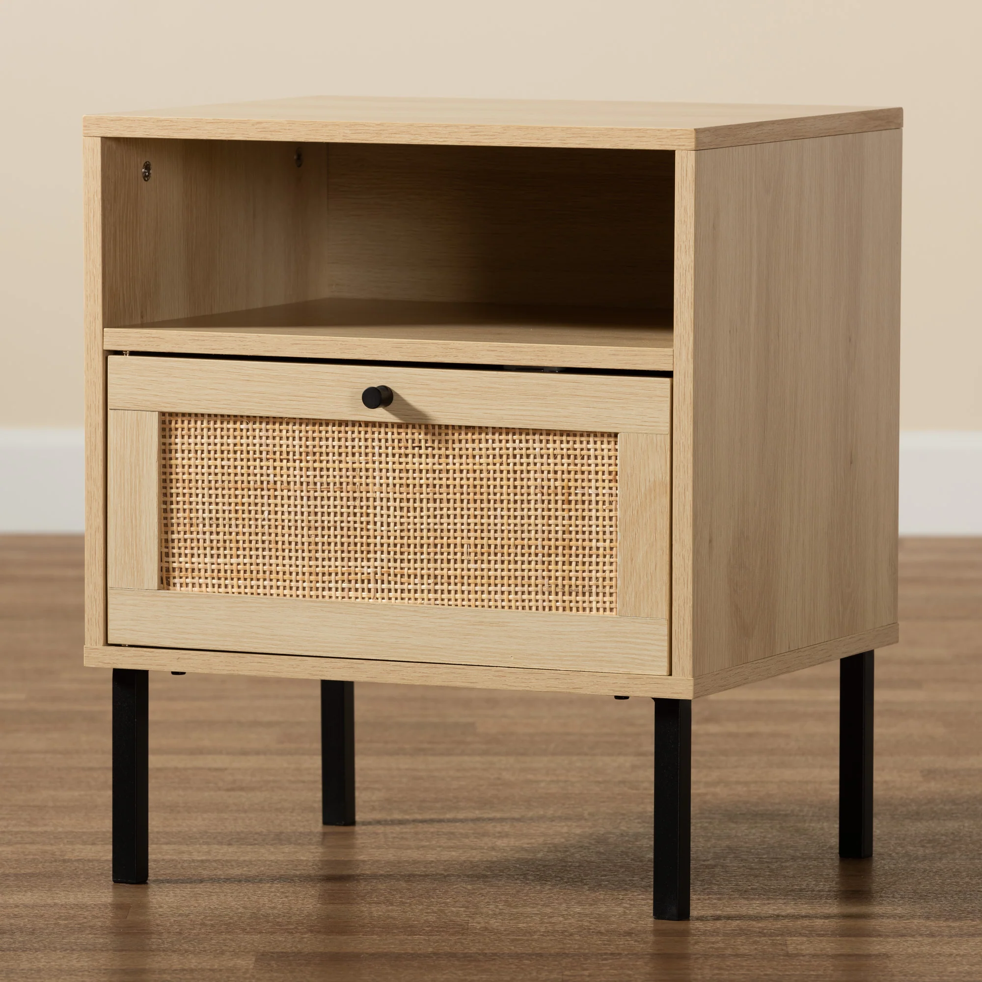 Baxton Studio Caterina Mid-Century Modern Transitional Natural Brown Finished Wood and Natural Rattan 1-Door End Table - Image 2