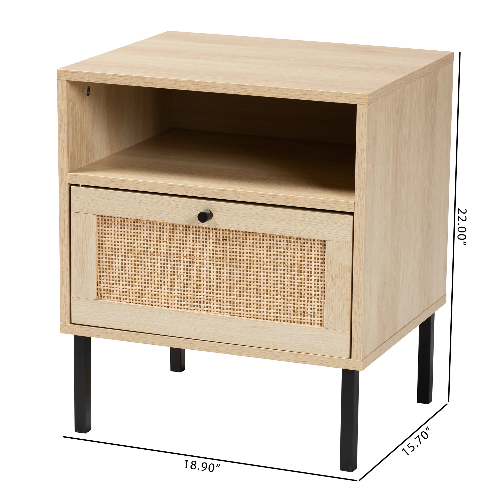 Baxton Studio Caterina Mid-Century Modern Transitional Natural Brown Finished Wood and Natural Rattan 1-Door End Table - Image 3