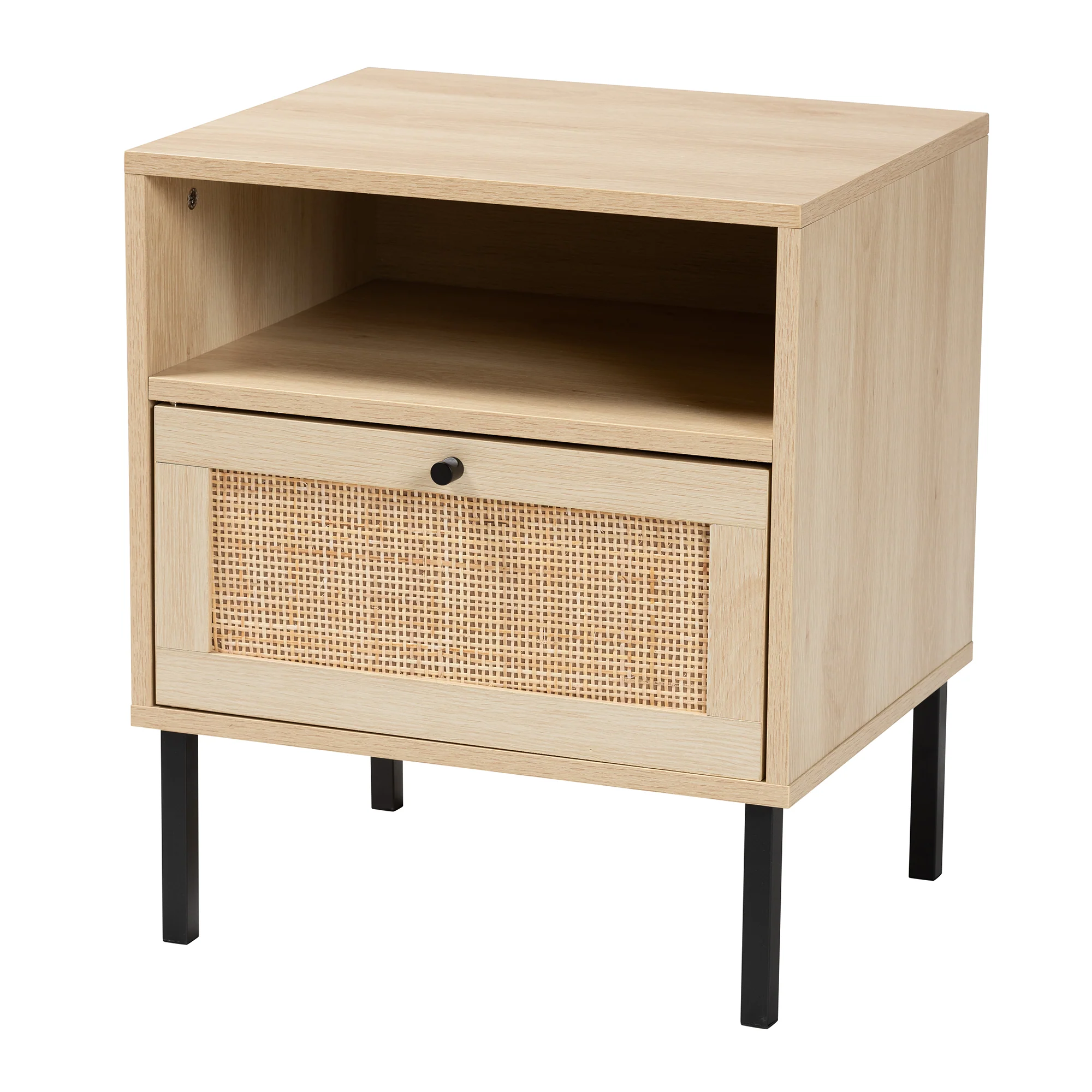 Baxton Studio Caterina Mid-Century Modern Transitional Natural Brown Finished Wood and Natural Rattan 1-Door End Table - Image 4