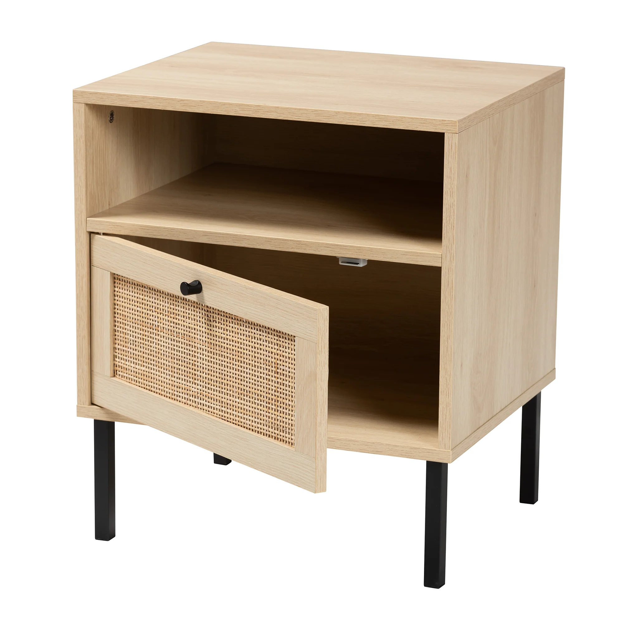 Baxton Studio Caterina Mid-Century Modern Transitional Natural Brown Finished Wood and Natural Rattan 1-Door End Table - Image 5
