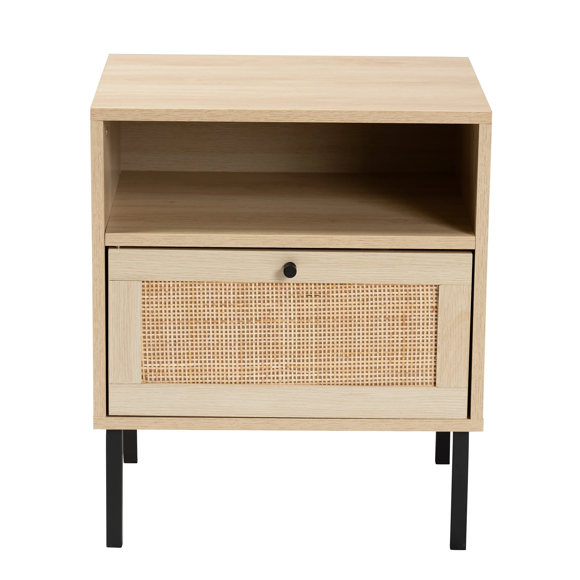 Baxton Studio Caterina Mid-Century Modern Transitional Natural Brown Finished Wood and Natural Rattan 1-Door End Table - Image 6