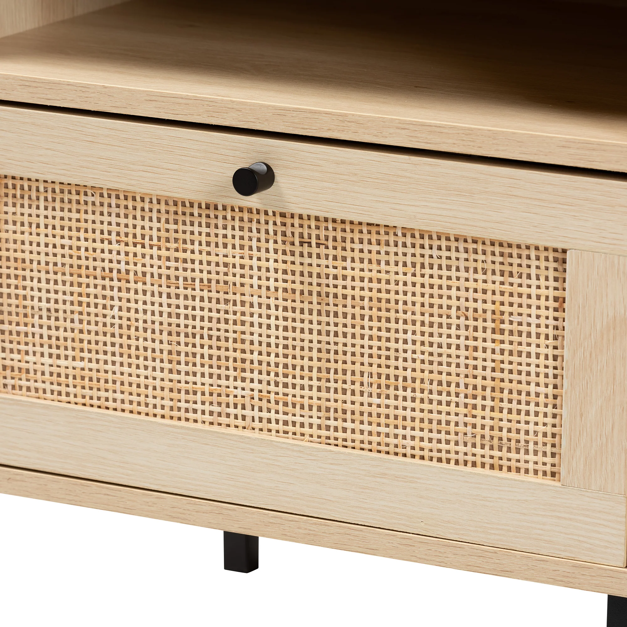 Baxton Studio Caterina Mid-Century Modern Transitional Natural Brown Finished Wood and Natural Rattan 1-Door End Table - Image 8