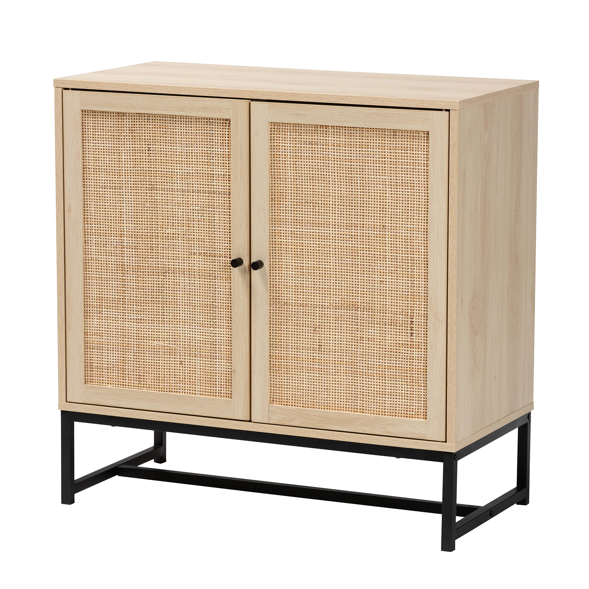 Baxton Studio Caterina Mid-Century Modern Transitional Natural Brown Finished Wood and Natural Rattan 2-Door Storage Cabinet - Image 2