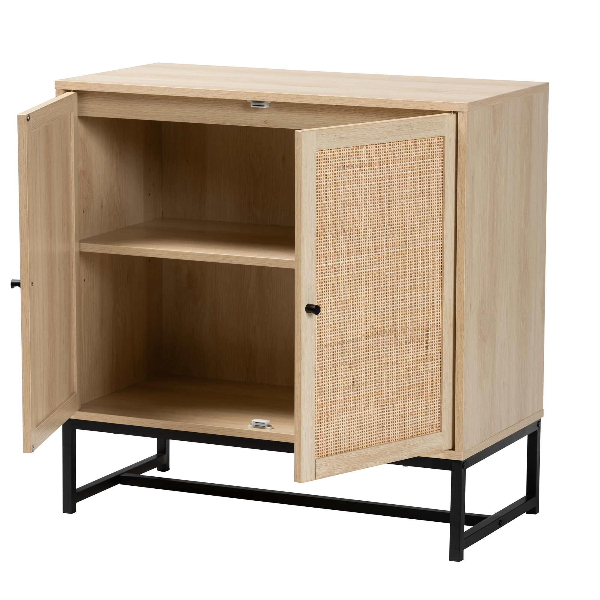 Baxton Studio Caterina Mid-Century Modern Transitional Natural Brown Finished Wood and Natural Rattan 2-Door Storage Cabinet - Image 3