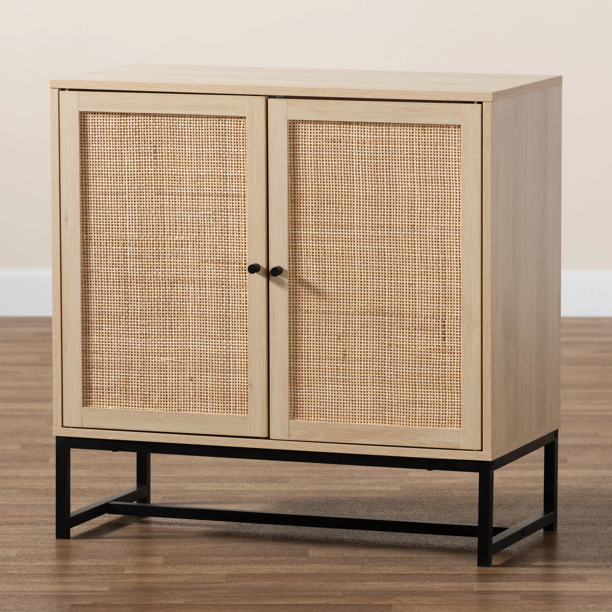 Baxton Studio Caterina Mid-Century Modern Transitional Natural Brown Finished Wood and Natural Rattan 2-Door Storage Cabinet - Image 9