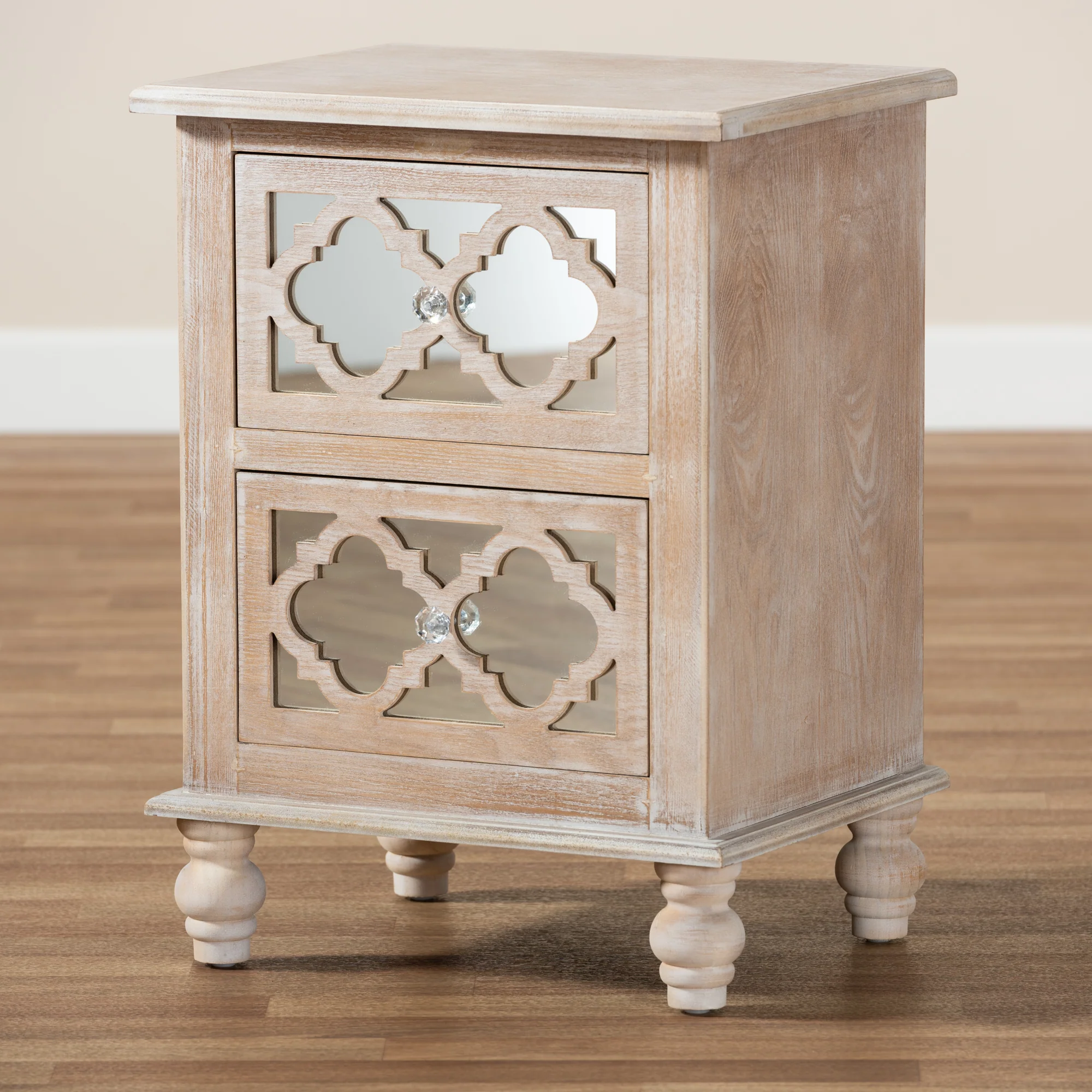 Baxton Studio Celia Transitional Rustic French Country White-Washed Wood and Mirror 2-Drawer Quatrefoil End Table - Image 2