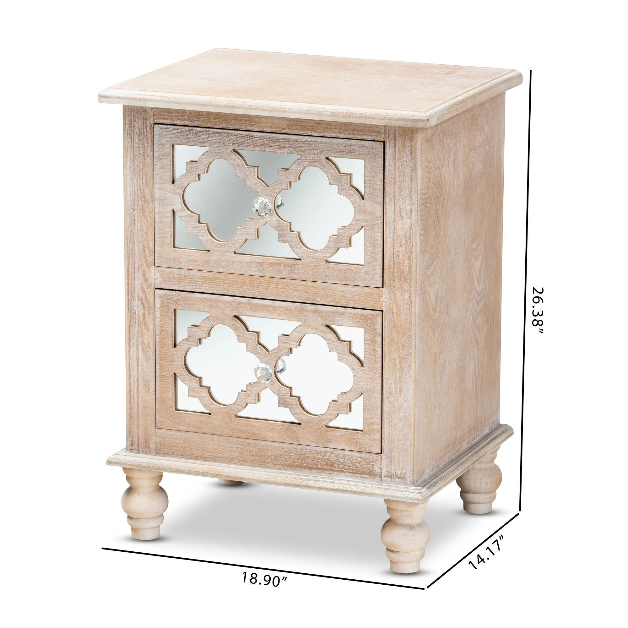 Baxton Studio Celia Transitional Rustic French Country White-Washed Wood and Mirror 2-Drawer Quatrefoil End Table - Image 3