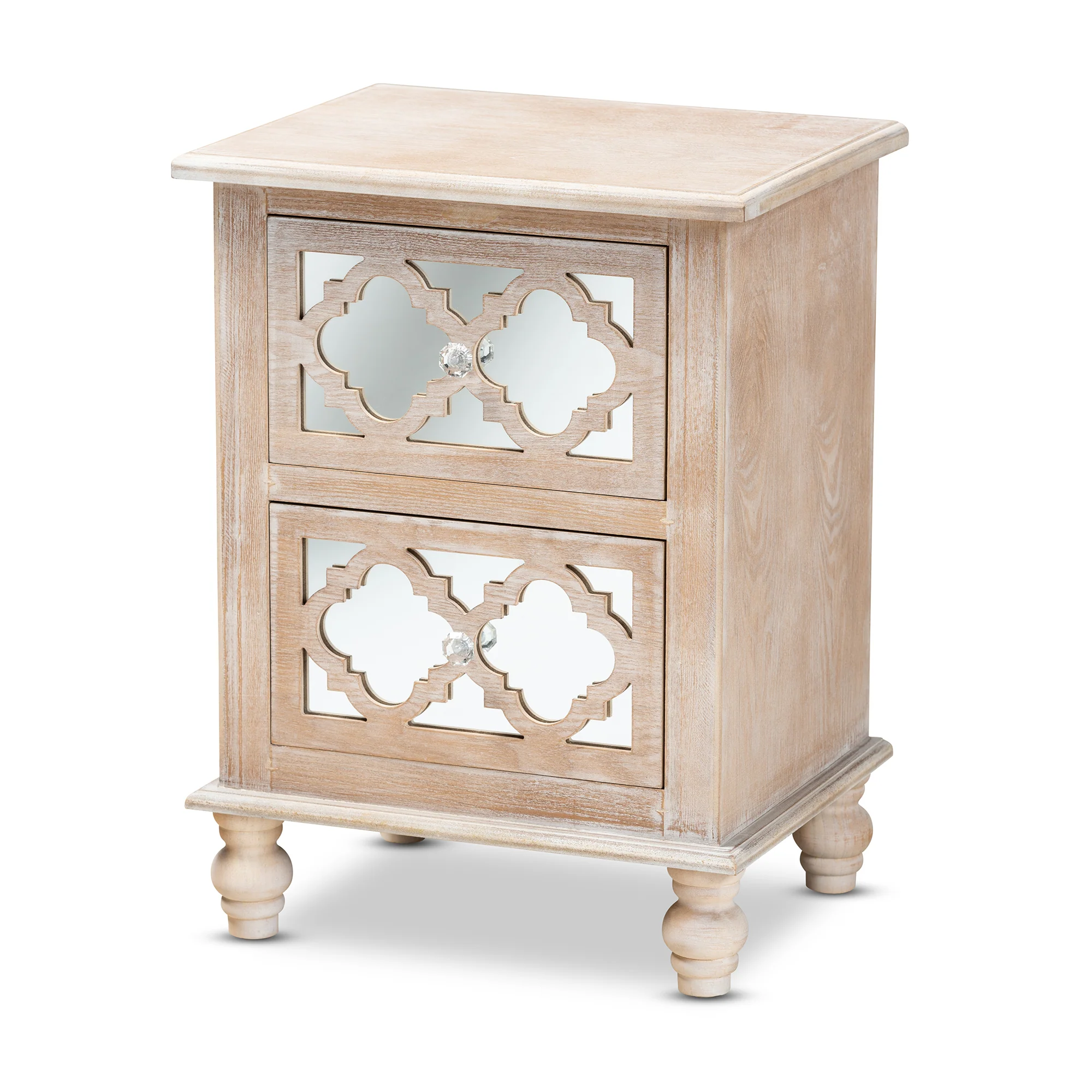 Baxton Studio Celia Transitional Rustic French Country White-Washed Wood and Mirror 2-Drawer Quatrefoil End Table - Image 4
