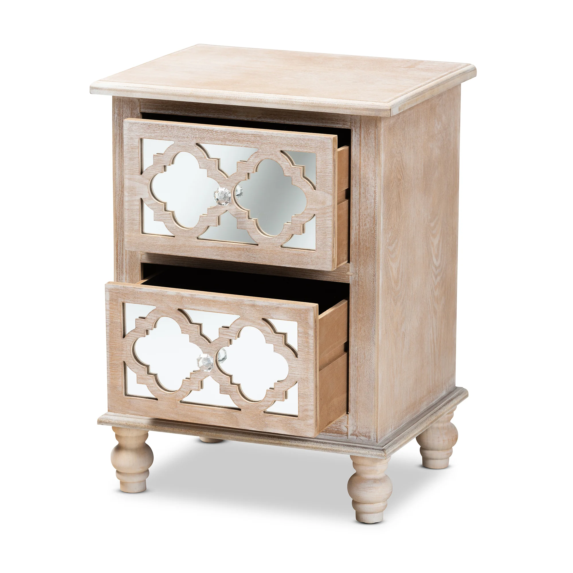 Baxton Studio Celia Transitional Rustic French Country White-Washed Wood and Mirror 2-Drawer Quatrefoil End Table - Image 5