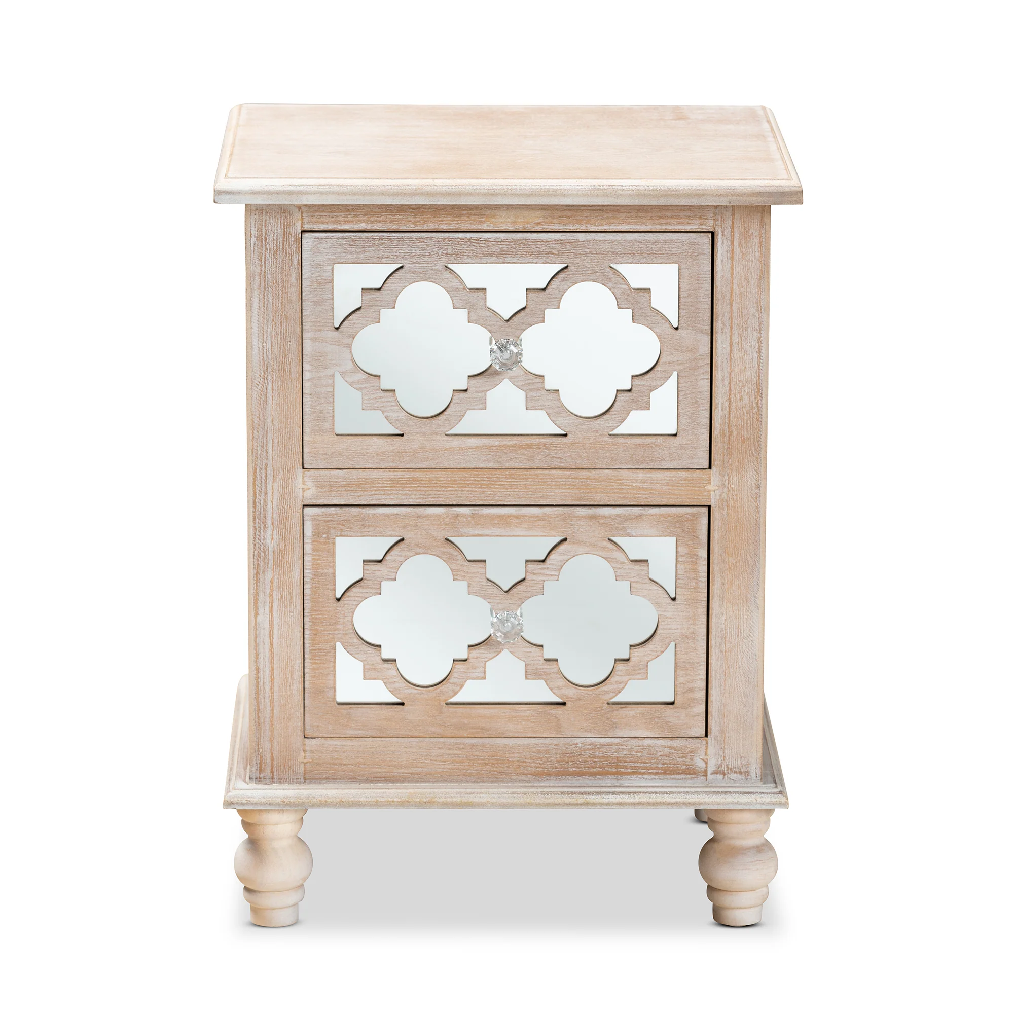 Baxton Studio Celia Transitional Rustic French Country White-Washed Wood and Mirror 2-Drawer Quatrefoil End Table - Image 6