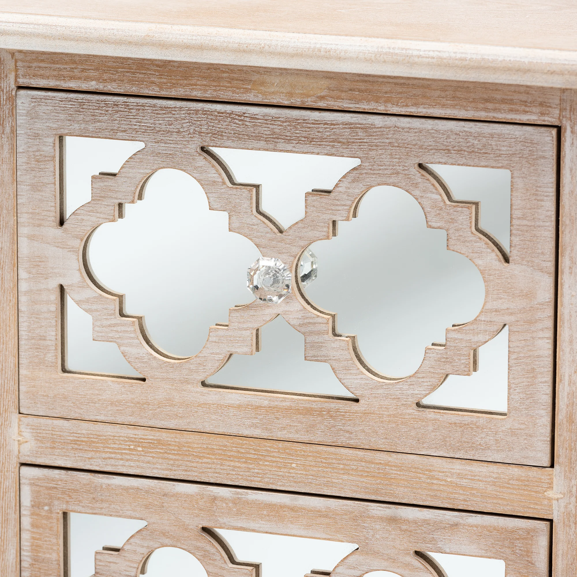 Baxton Studio Celia Transitional Rustic French Country White-Washed Wood and Mirror 2-Drawer Quatrefoil End Table - Image 8