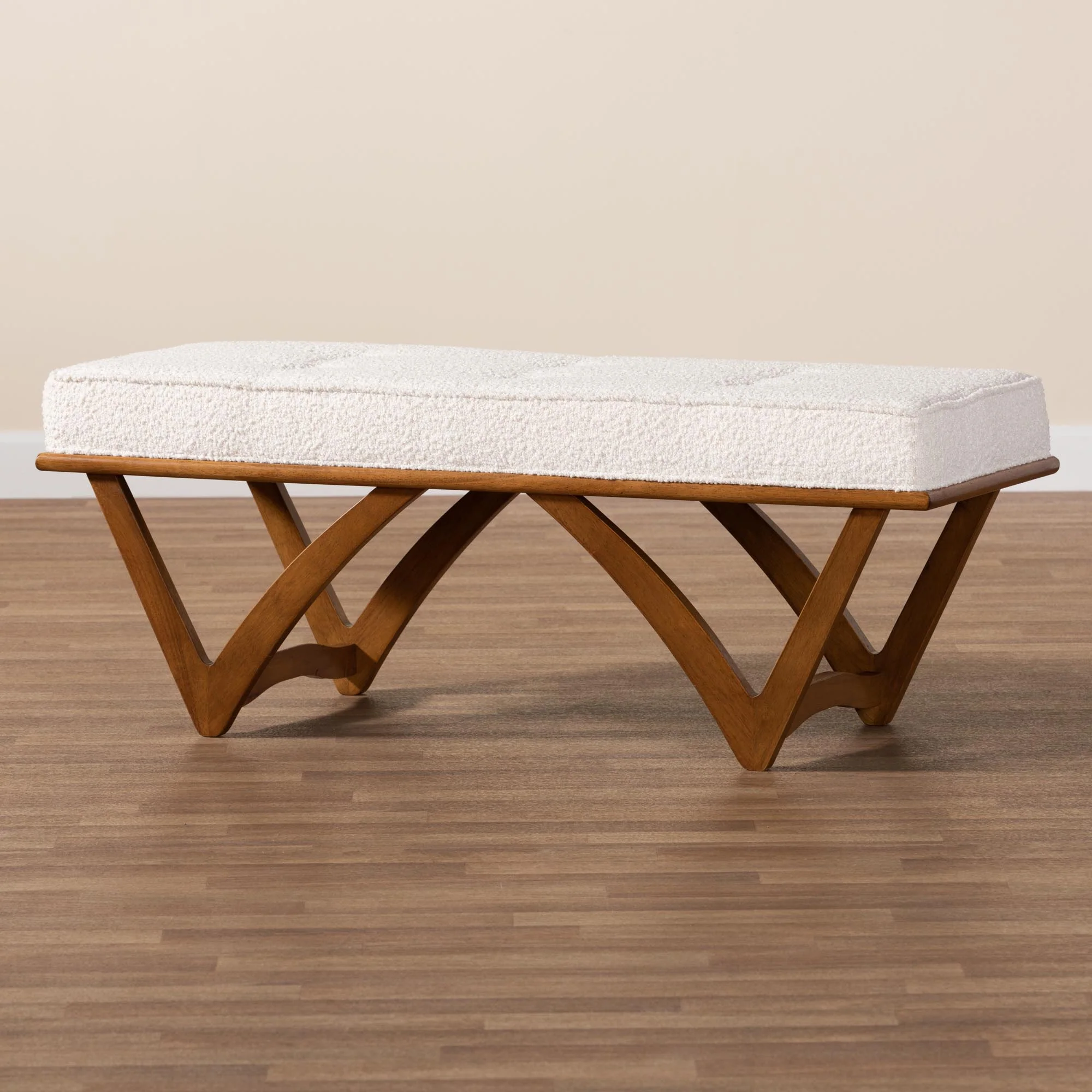 Baxton Studio Chenoa Japandi Cream Boucle Fabric and Walnut Brown Finished Wood Bench - Image 7