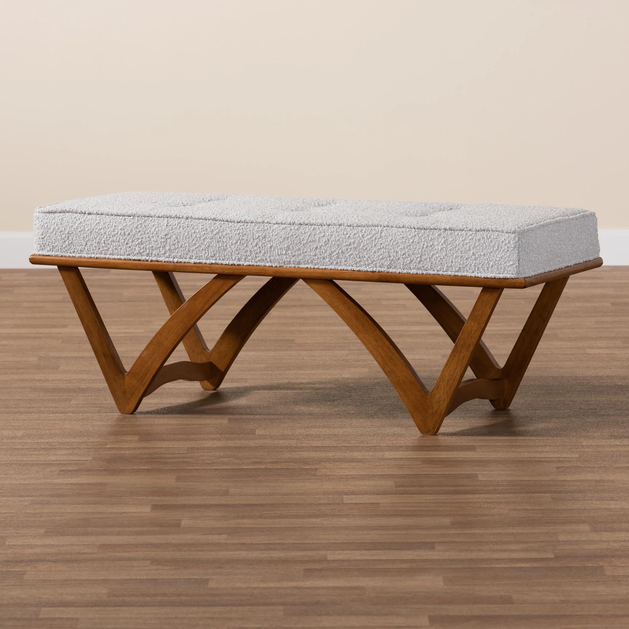 Baxton Studio Chenoa Japandi Light Grey Boucle Fabric and Walnut Brown Finished Wood Bench - Image 7