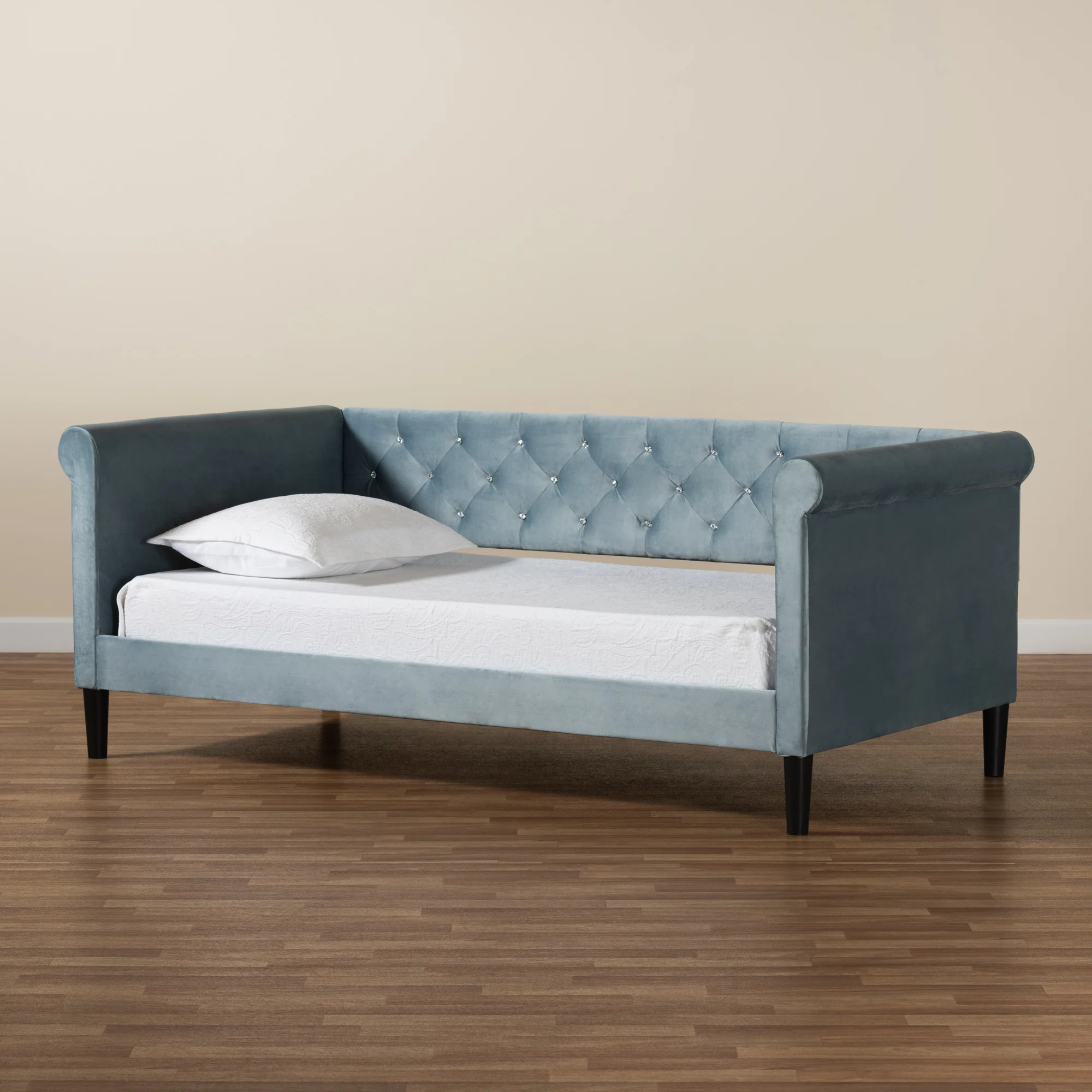 Baxton Studio Cora Modern and Contemporary Light Blue Velvet Fabric Upholstered and Dark Brown Finished Wood Twin Size Daybed - Image 10