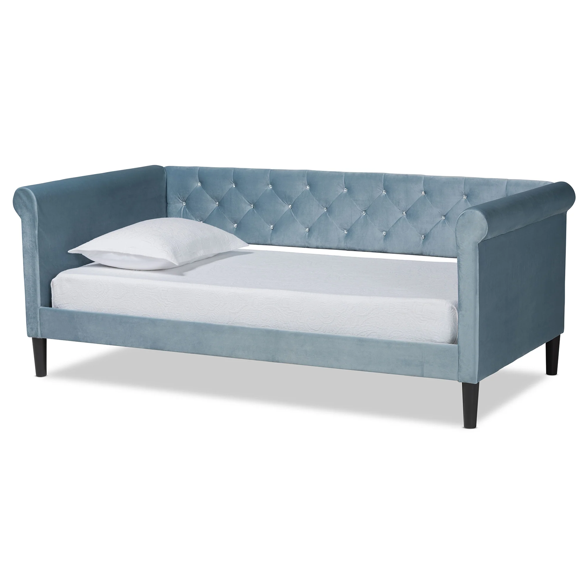 Baxton Studio Cora Modern and Contemporary Light Blue Velvet Fabric Upholstered and Dark Brown Finished Wood Twin Size Daybed - Image 2