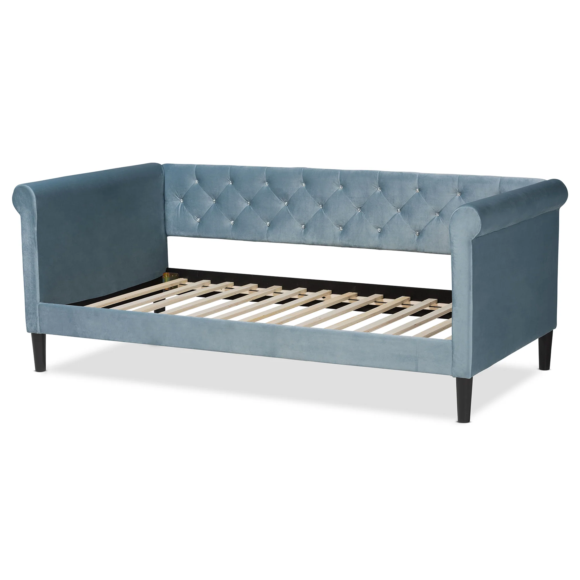 Baxton Studio Cora Modern and Contemporary Light Blue Velvet Fabric Upholstered and Dark Brown Finished Wood Twin Size Daybed - Image 4
