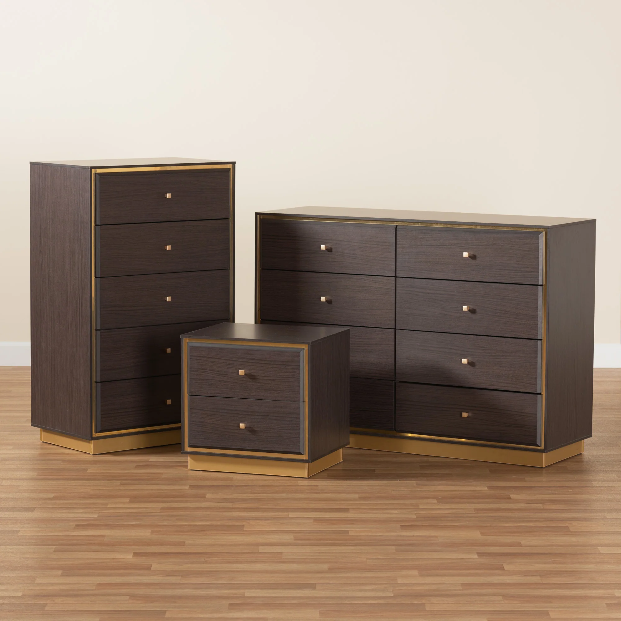 Baxton Studio Cormac Mid-Century Modern Transitional Dark Brown Finished Wood and Gold Metal 3-Piece Storage Set - Image 2