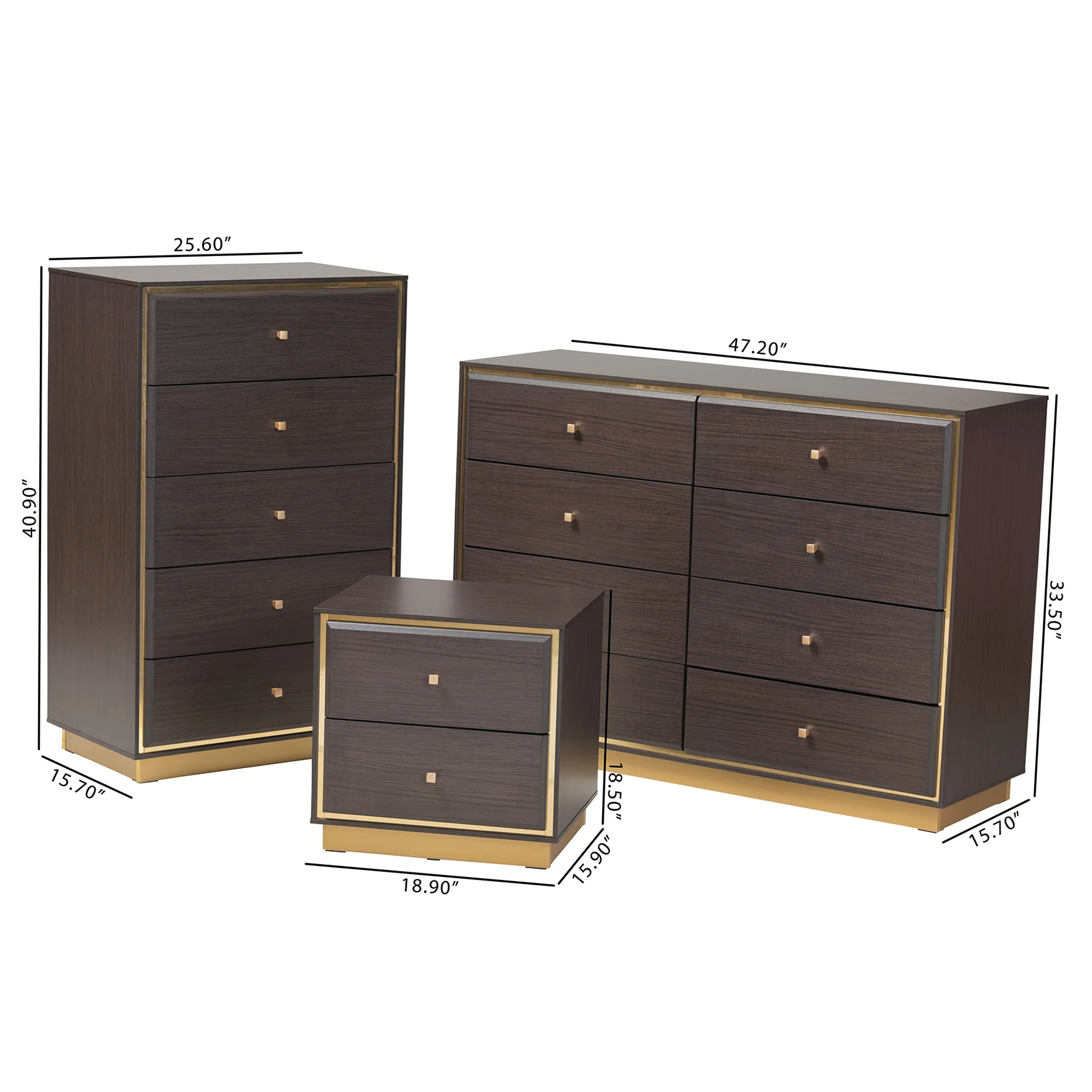 Baxton Studio Cormac Mid-Century Modern Transitional Dark Brown Finished Wood and Gold Metal 3-Piece Storage Set - Image 3