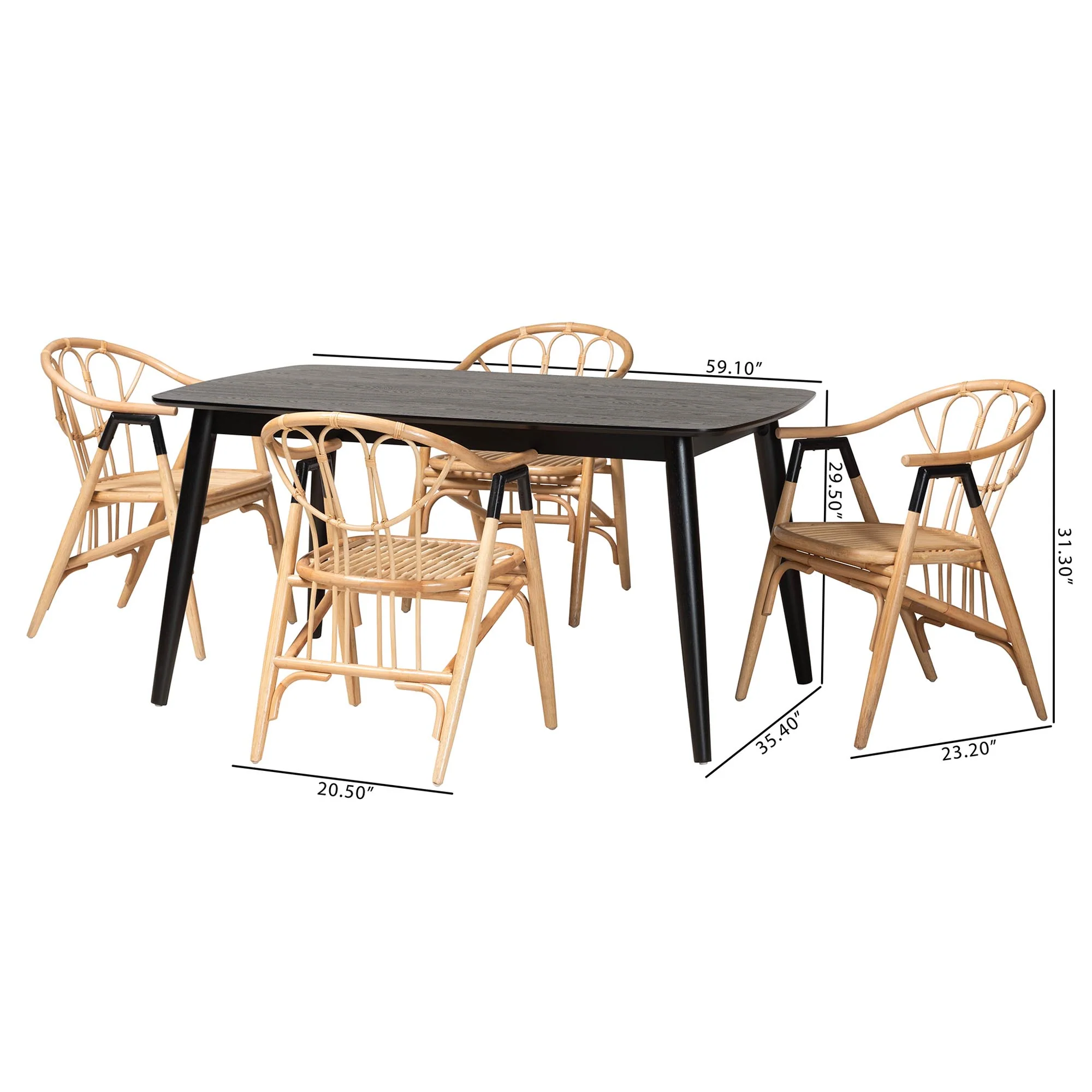 Baxton Studio Cyntia Modern Bohemian Black Finished Wood and Natural Rattan 5-Piece Dining Set - Image 10