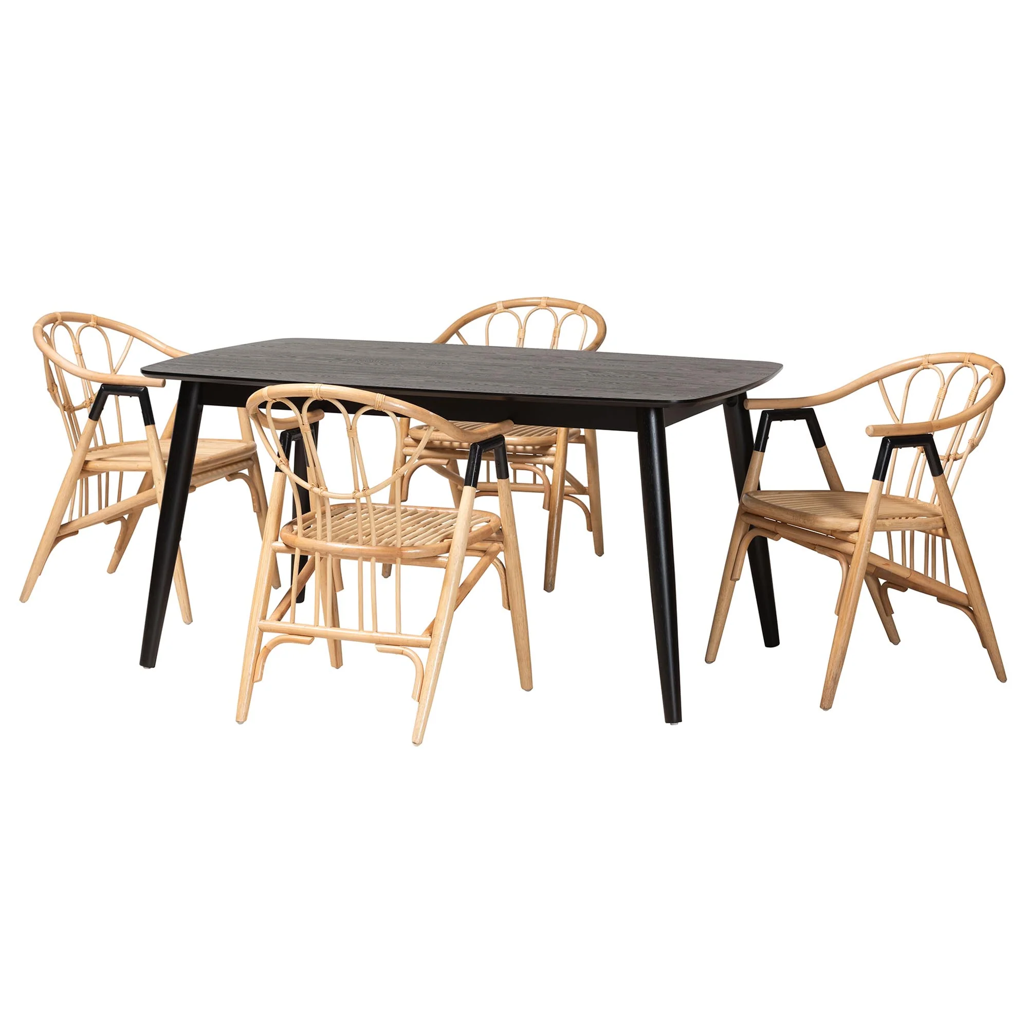 Baxton Studio Cyntia Modern Bohemian Black Finished Wood and Natural Rattan 5-Piece Dining Set - Image 2