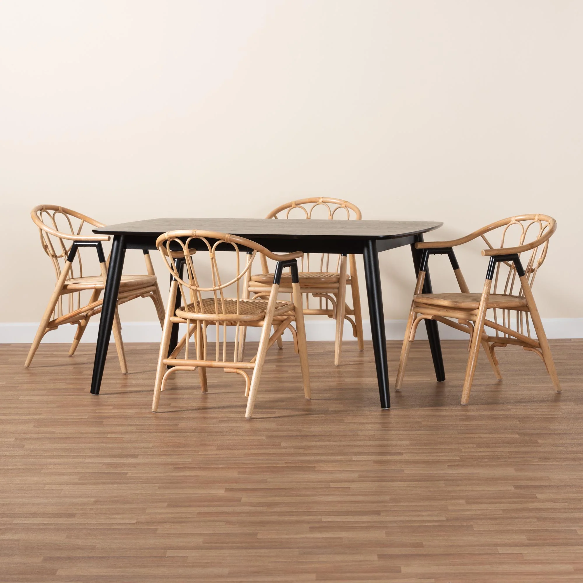 Baxton Studio Cyntia Modern Bohemian Black Finished Wood and Natural Rattan 5-Piece Dining Set - Image 9