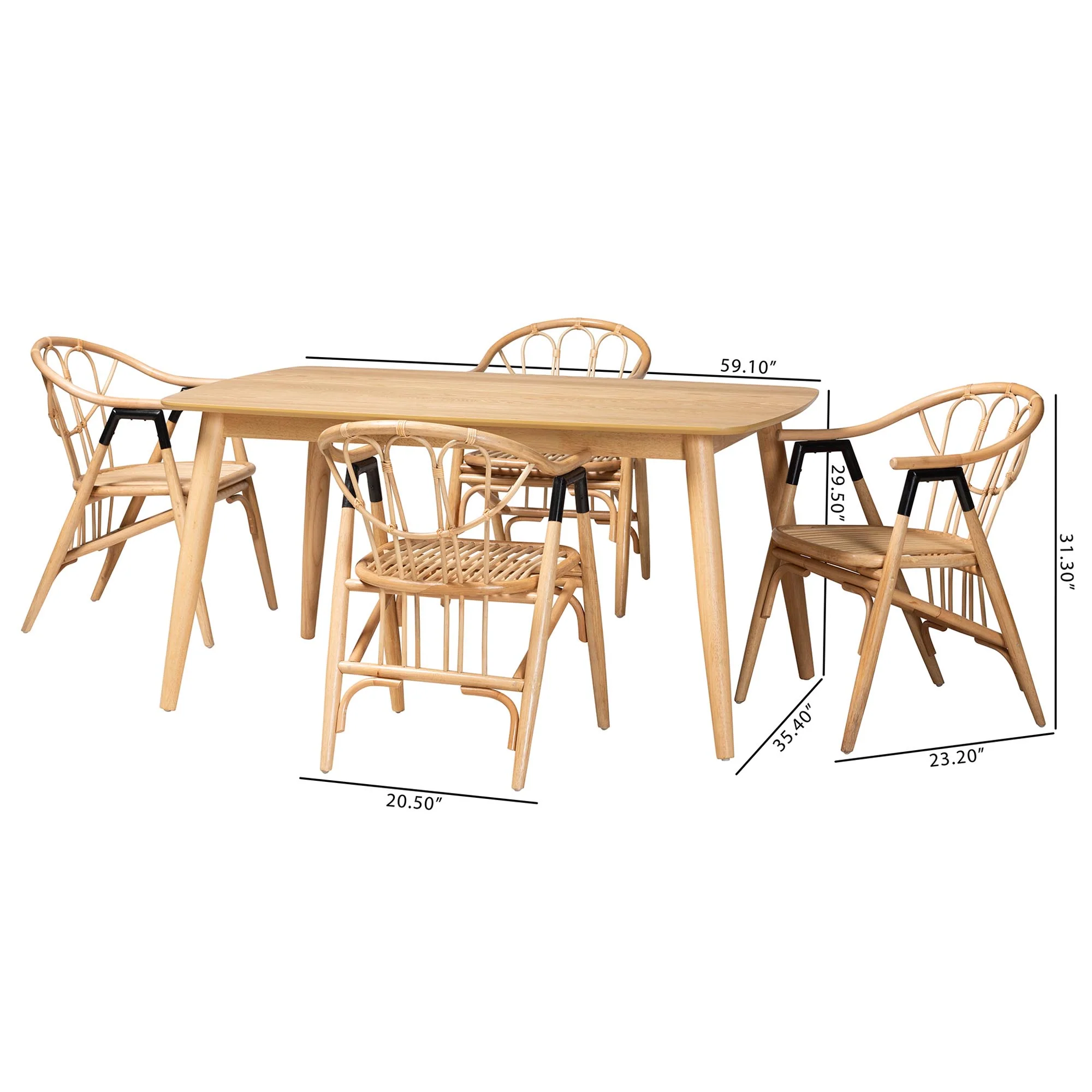 Baxton Studio Cyntia Modern Bohemian Natural Brown Finished Wood and Rattan 5-Piece Dining Set - Image 10