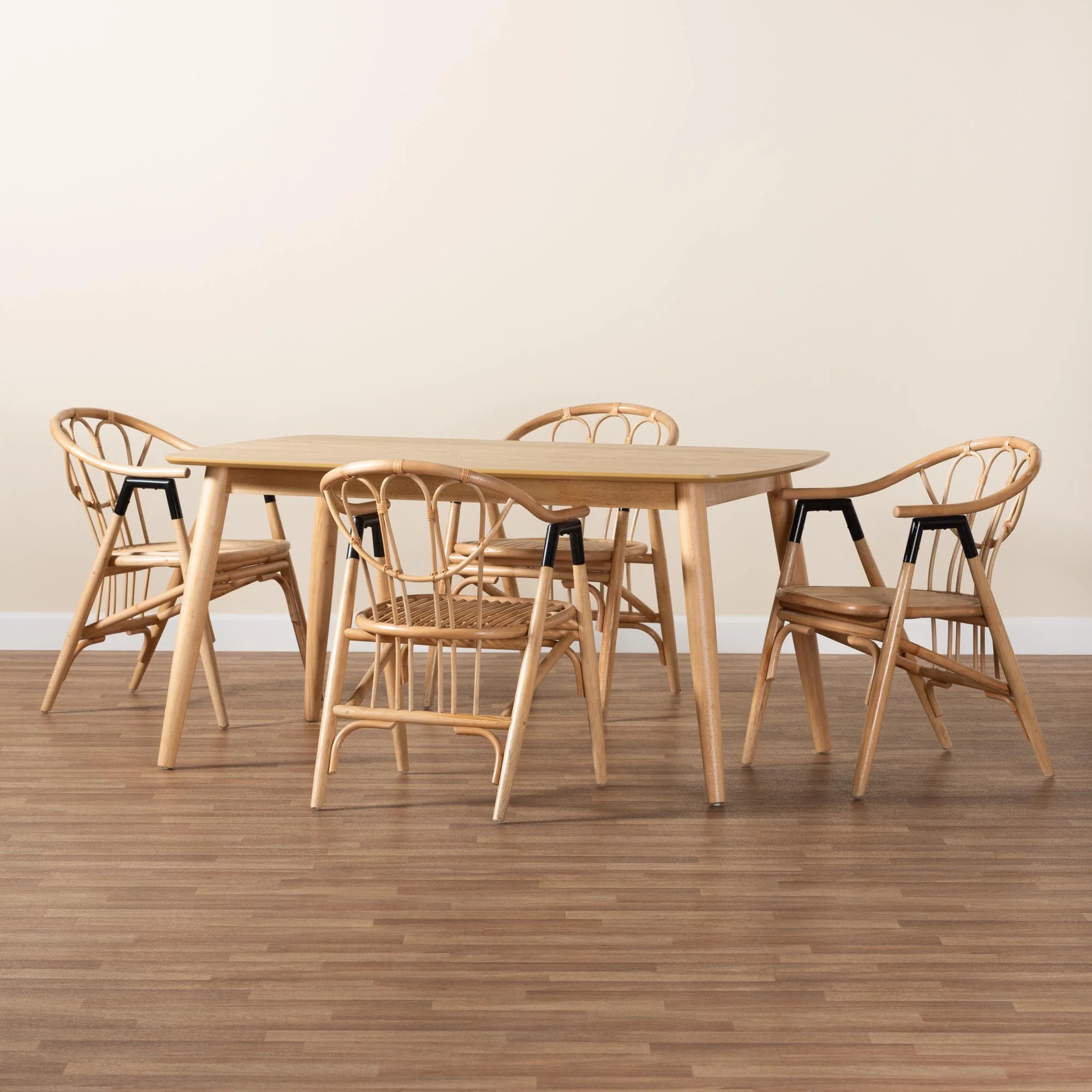 Baxton Studio Cyntia Modern Bohemian Natural Brown Finished Wood and Rattan 5-Piece Dining Set - Image 9