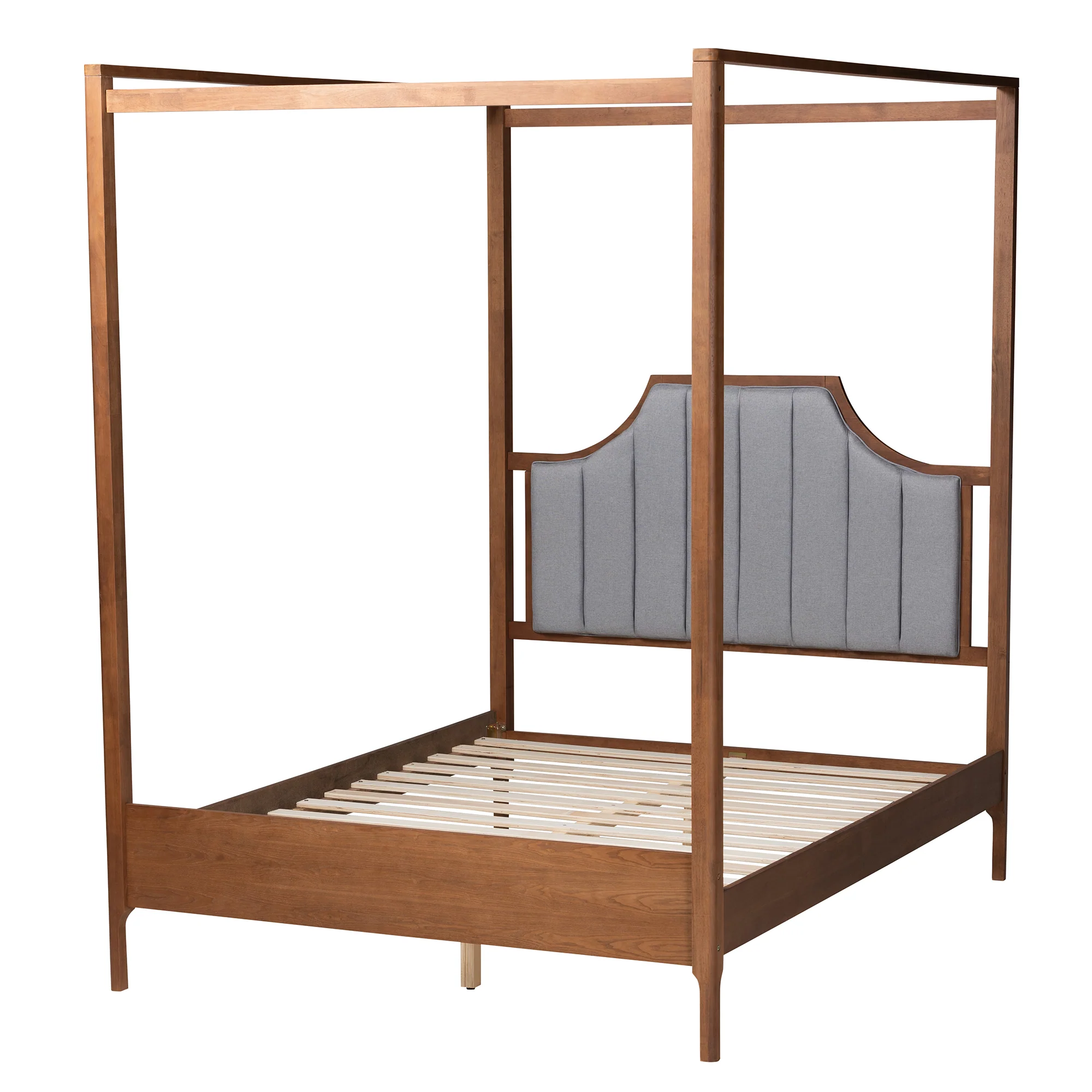 Baxton Studio Dakota Classic and Traditional Light Grey Fabric and Ash Walnut Finished Wood Queen Size Platform Canopy Bed - Image 4
