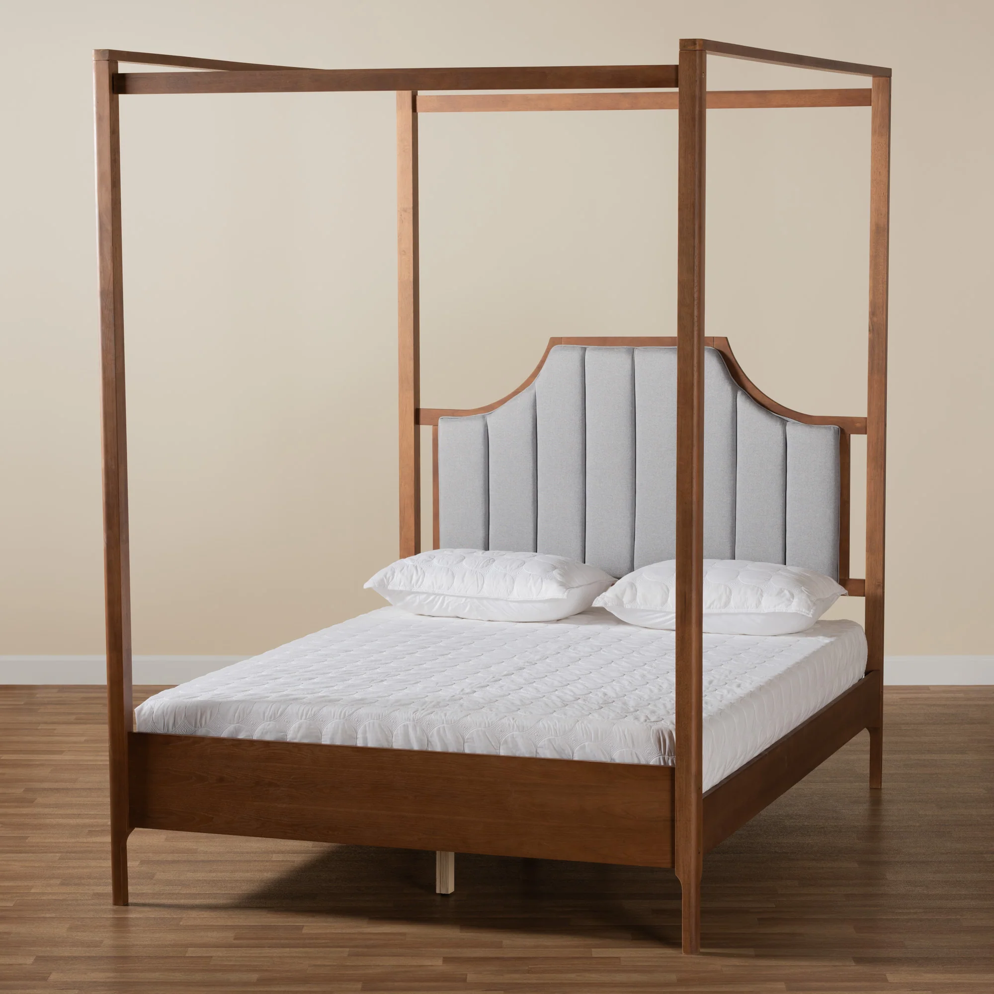 Baxton Studio Dakota Classic and Traditional Light Grey Fabric and Ash Walnut Finished Wood Queen Size Platform Canopy Bed - Image 9