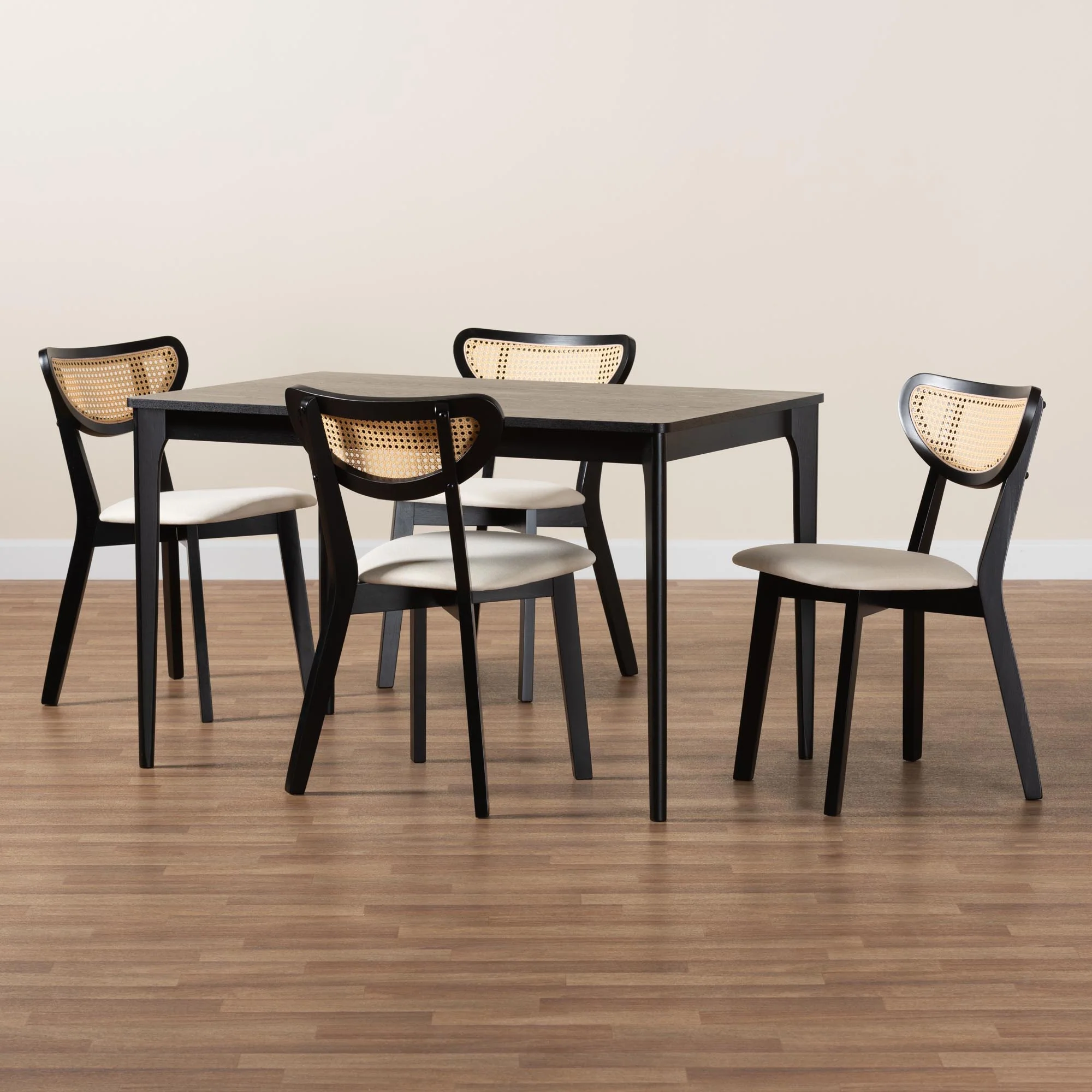 Baxton Studio Dannell Mid-Century Modern Cream Fabric and Black Finished Wood 5-Piece Dining Set - Image 9