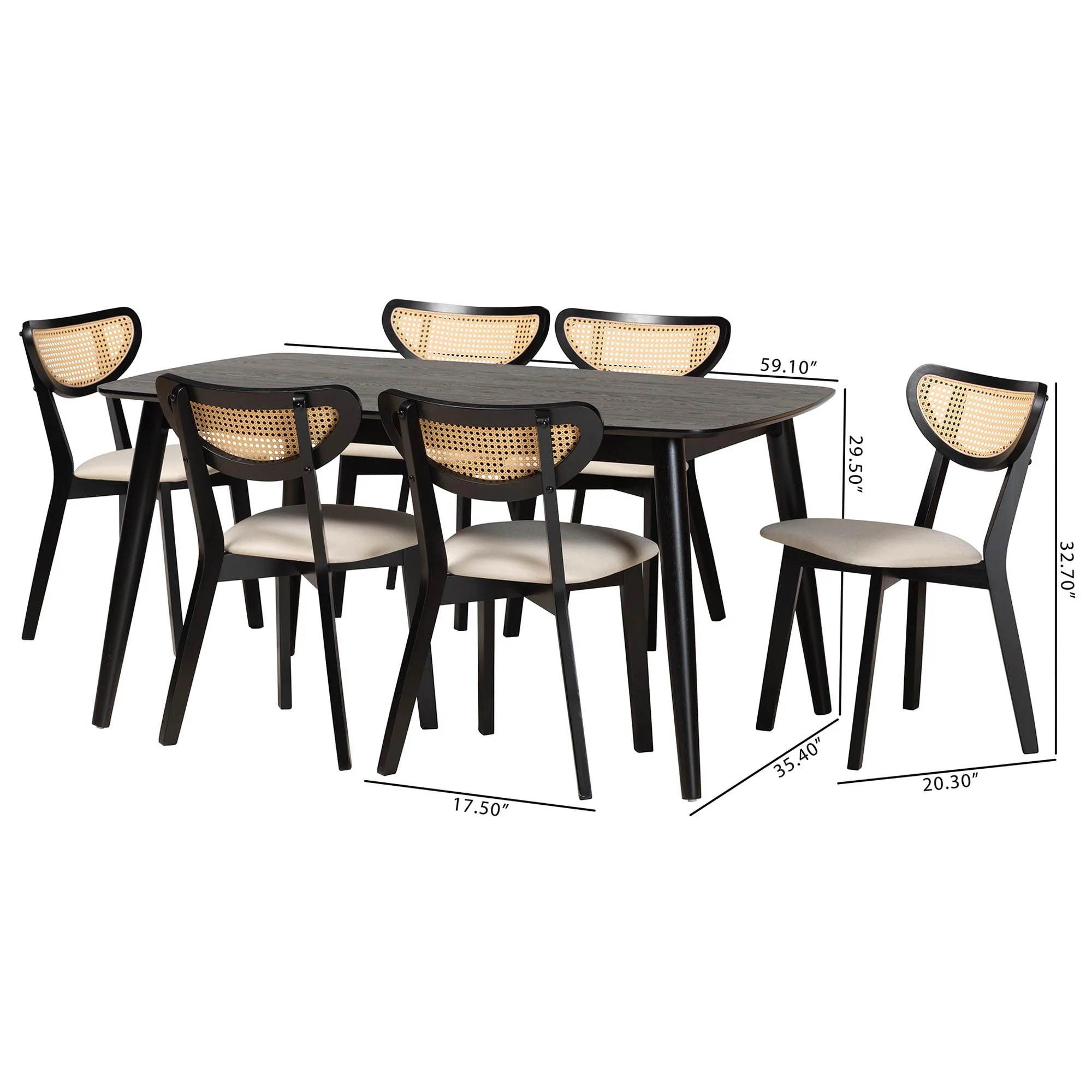 Baxton Studio Dannell Mid-Century Modern Cream Fabric and Black Finished Wood 7-Piece Dining Set - Image 10
