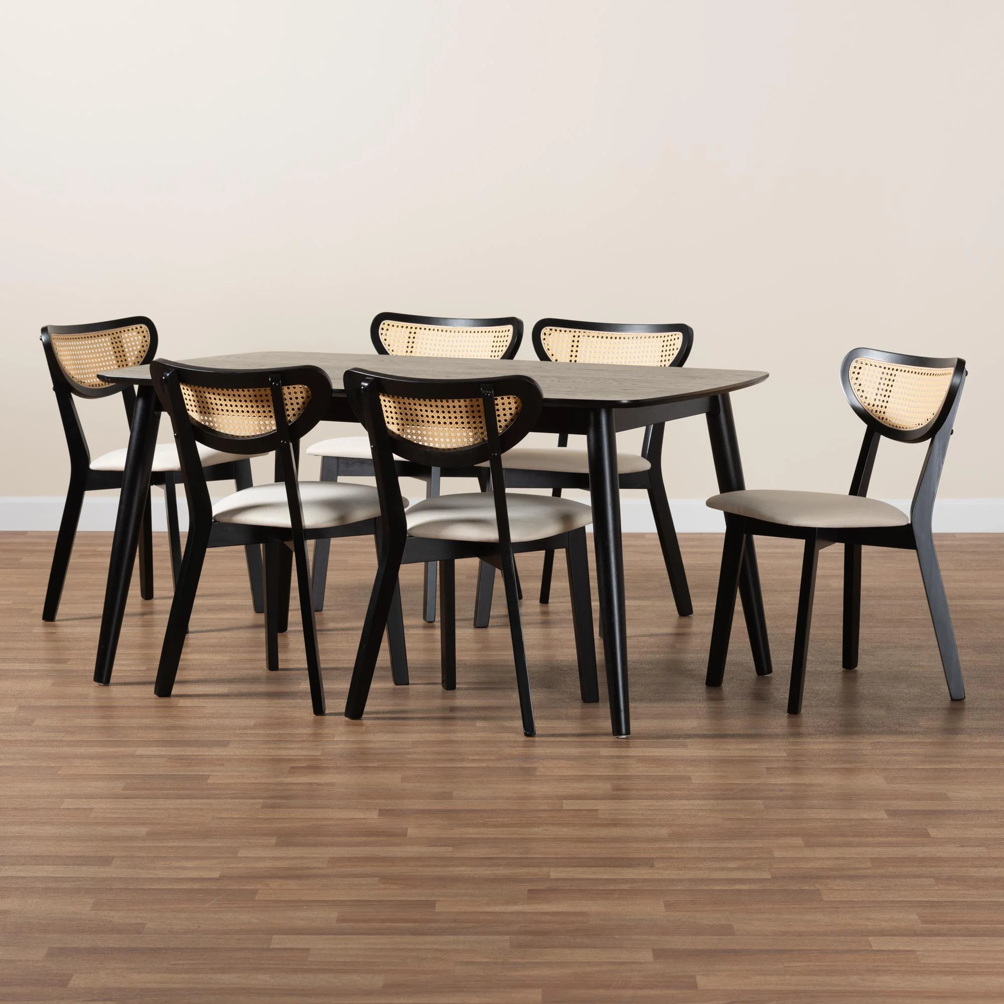 Baxton Studio Dannell Mid-Century Modern Cream Fabric and Black Finished Wood 7-Piece Dining Set - Image 9