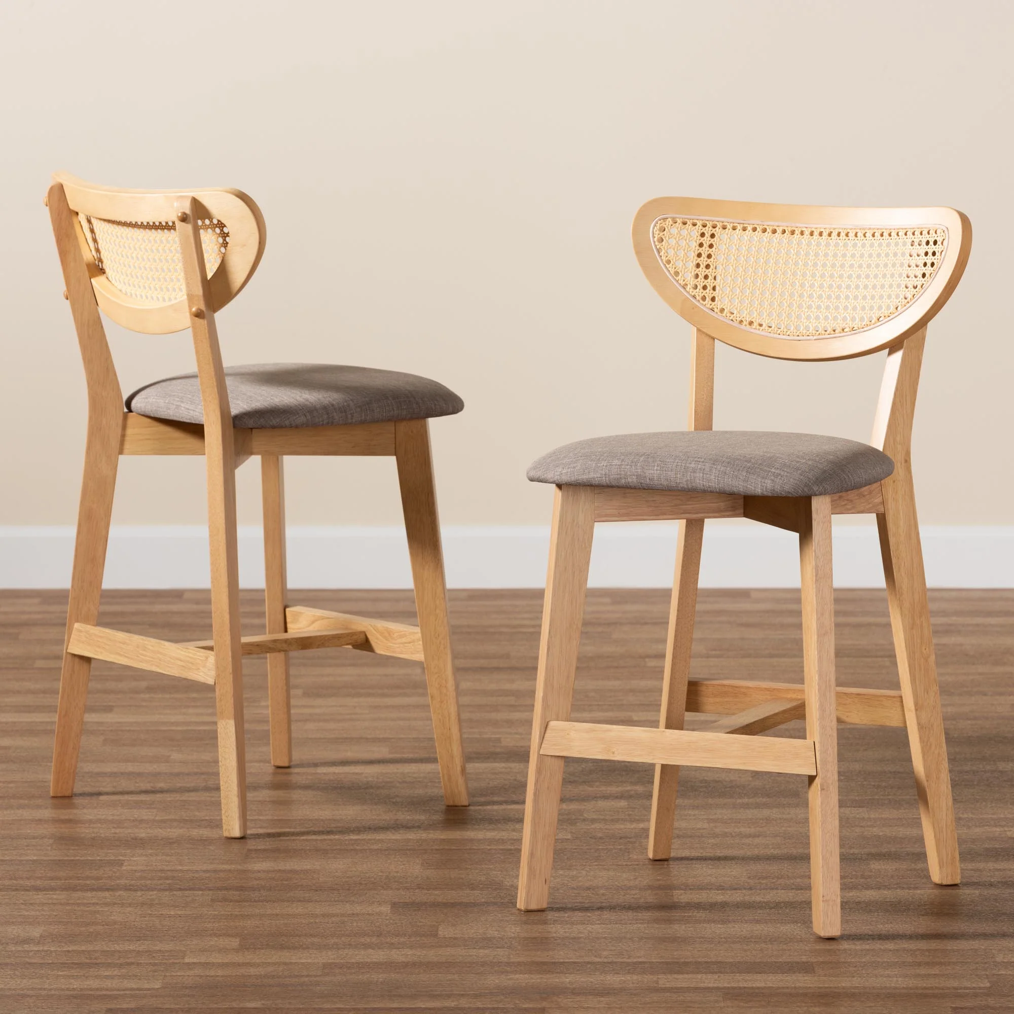 Baxton Studio Dannell Mid-Century Modern Grey Fabric and Natural Oak Finished Wood 2-Piece Counter Stool Set - Image 2