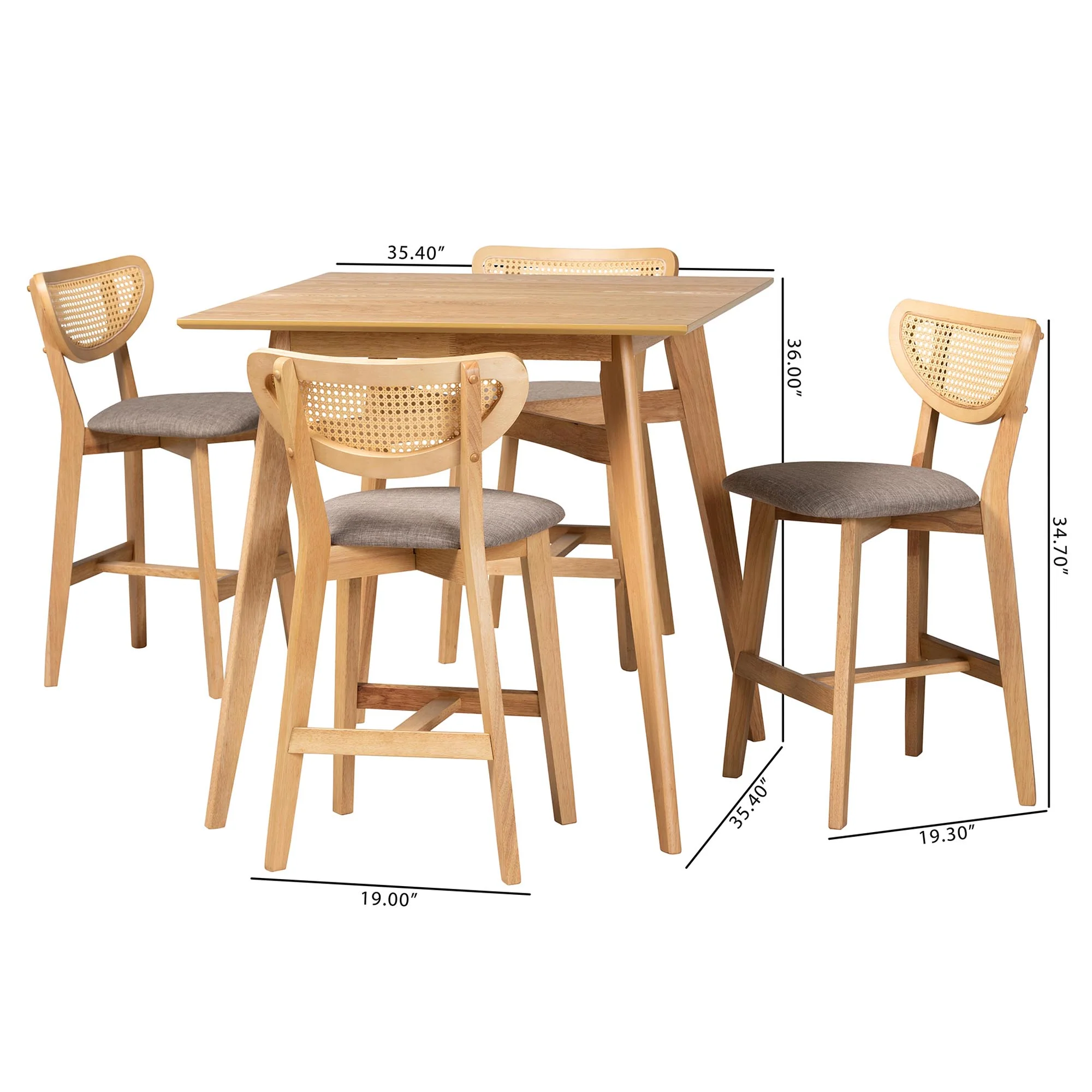 Baxton Studio Dannell Mid-Century Modern Grey Fabric and Natural Oak Finished Wood 5-Piece Pub Set - Image 3