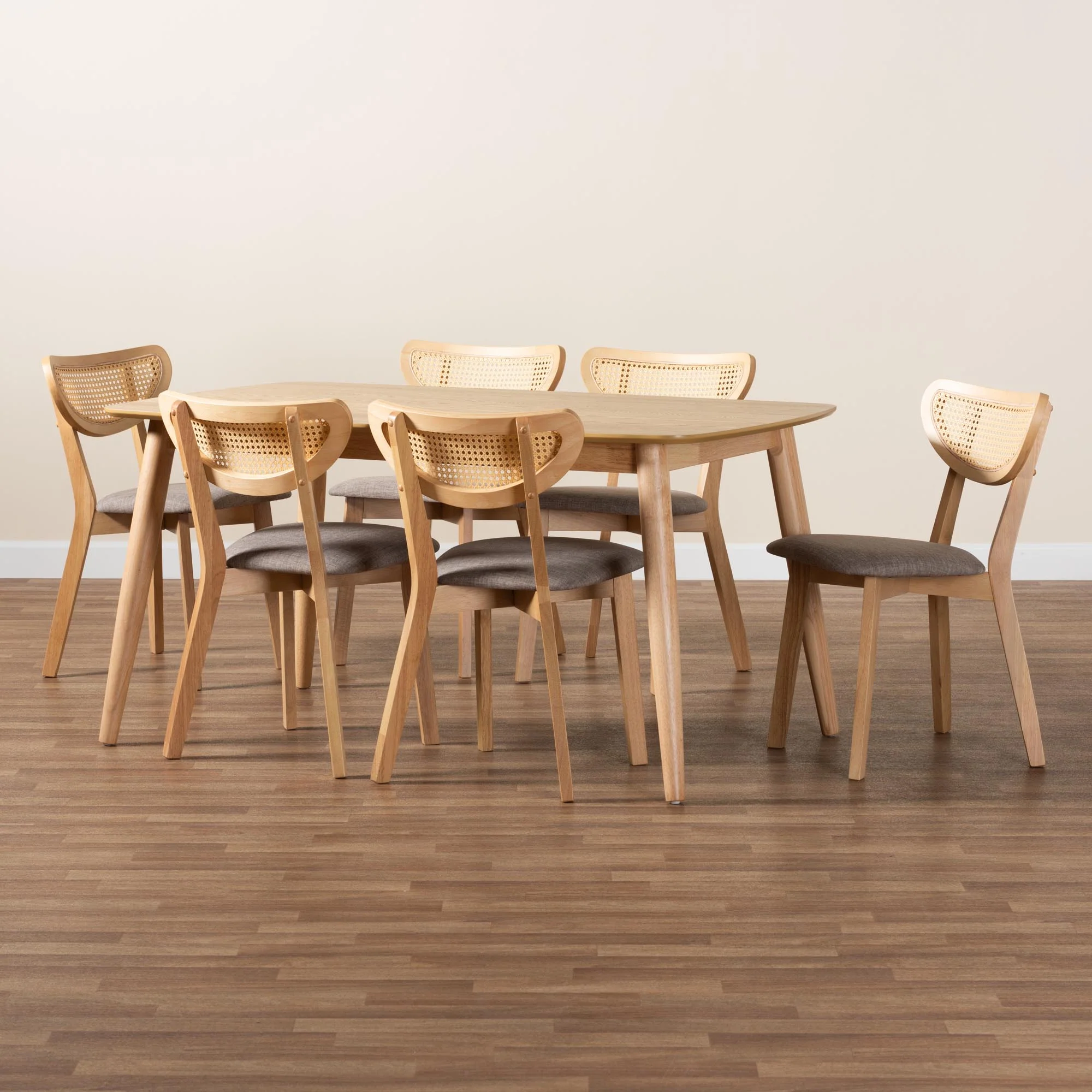 Baxton Studio Dannell Mid-Century Modern Grey Fabric and Natural Oak Finished Wood 7-Piece Dining Set - Image 2